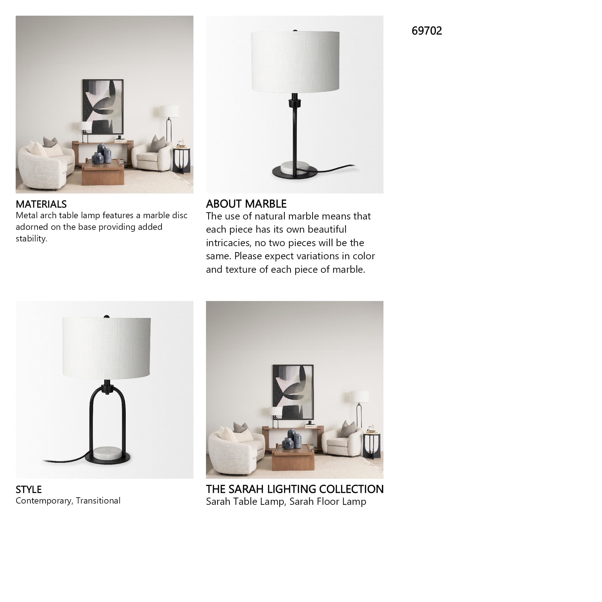 Sarah 15.0L x 10.0W x 22.2H Arched Black Metal W/Marble Cube and White Shade Table Lamp — in a styled room
