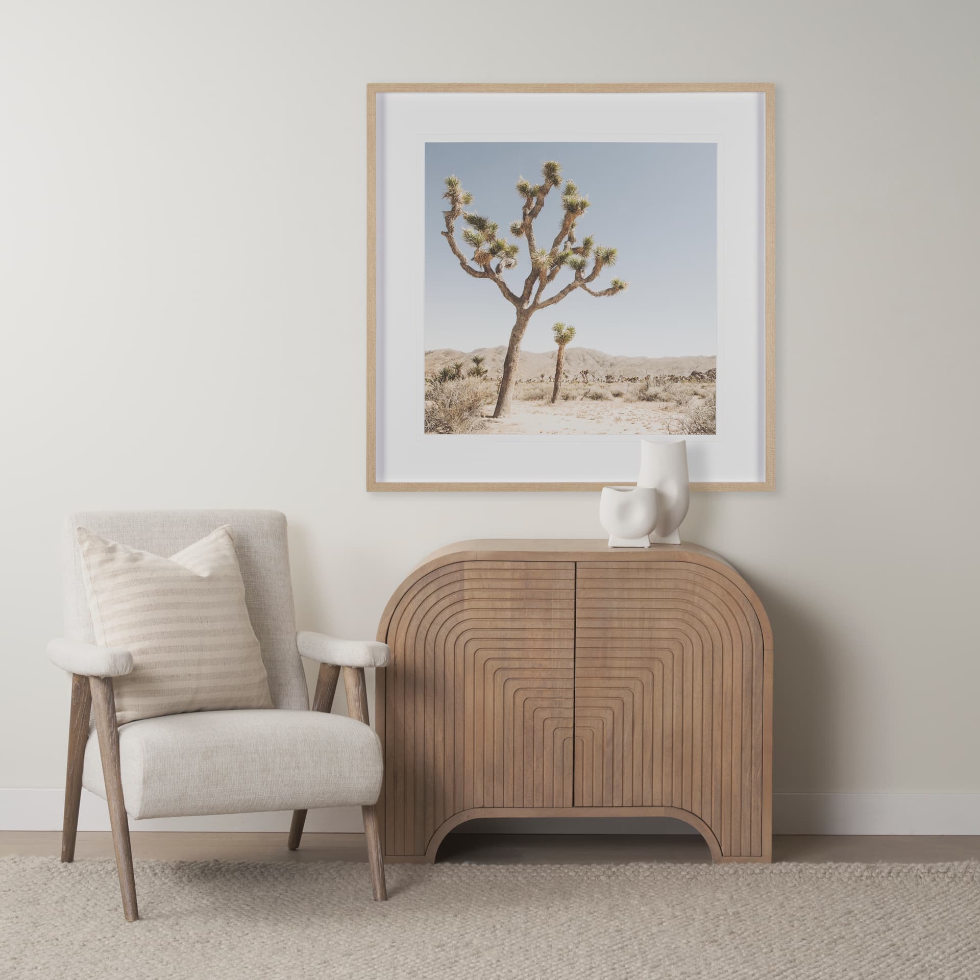 Sorina Reverse Fluted Light Brown Wood Accent Cabinet — in a styled room