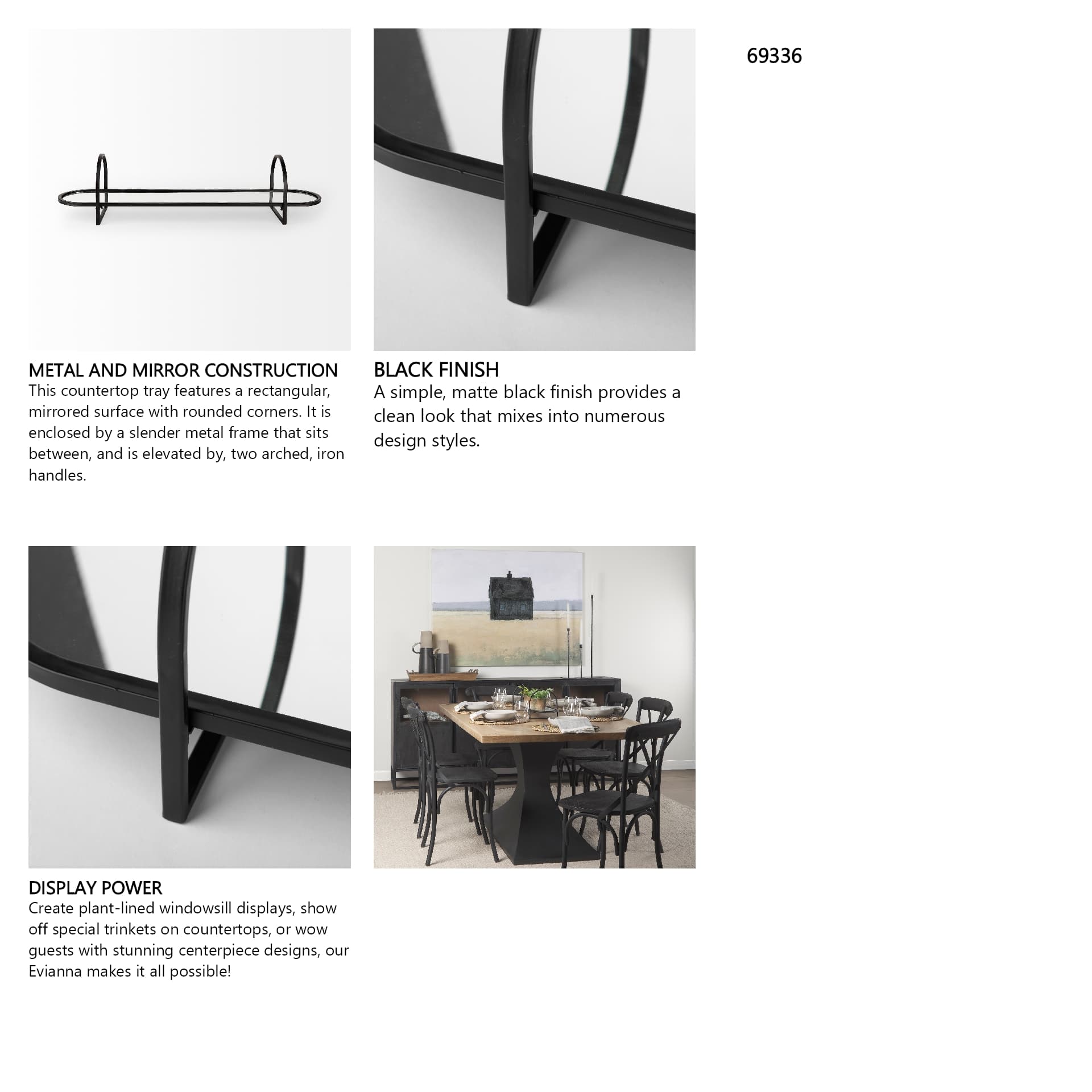 Evianna 30L x 7W x 7H Mirrored W/Black Metal Frame Tray — in a styled room