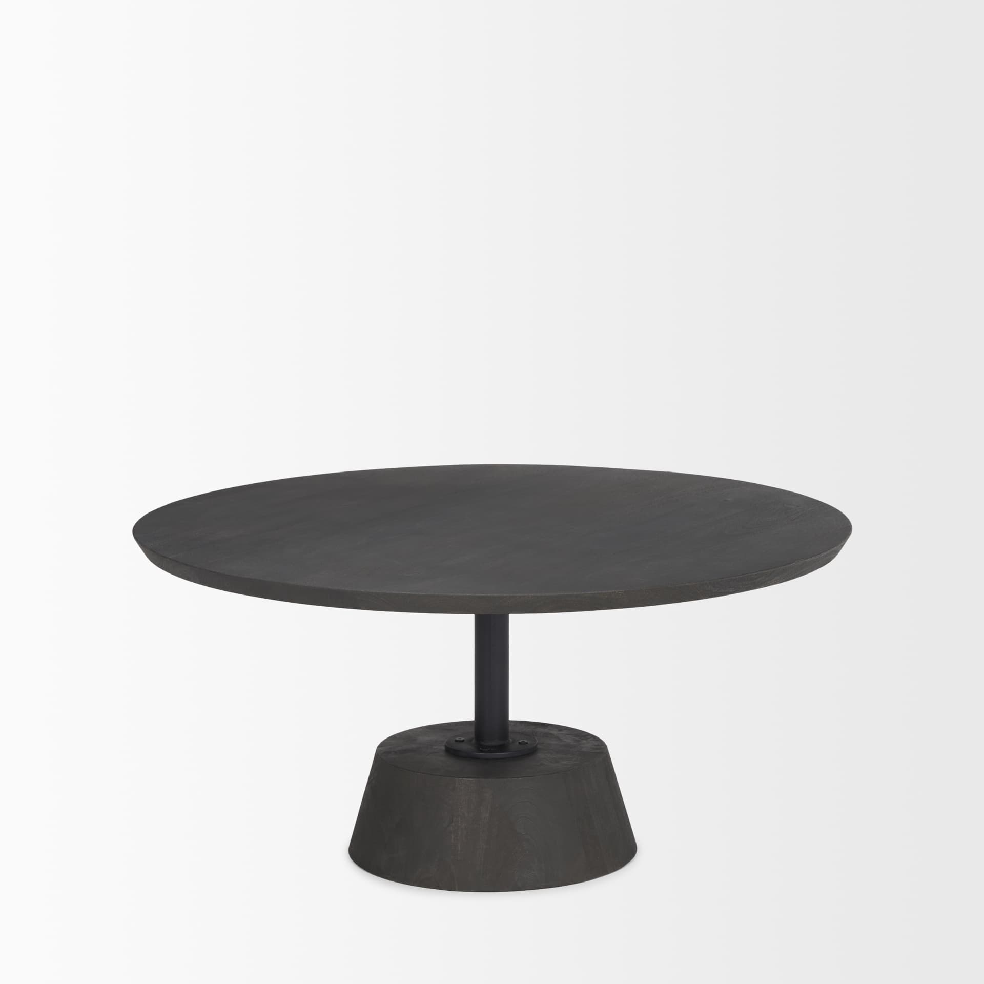 Maxwell 34" Dark Brown Wood W/ Black Metal Pedestal Base Round Coffee Table — product photograph