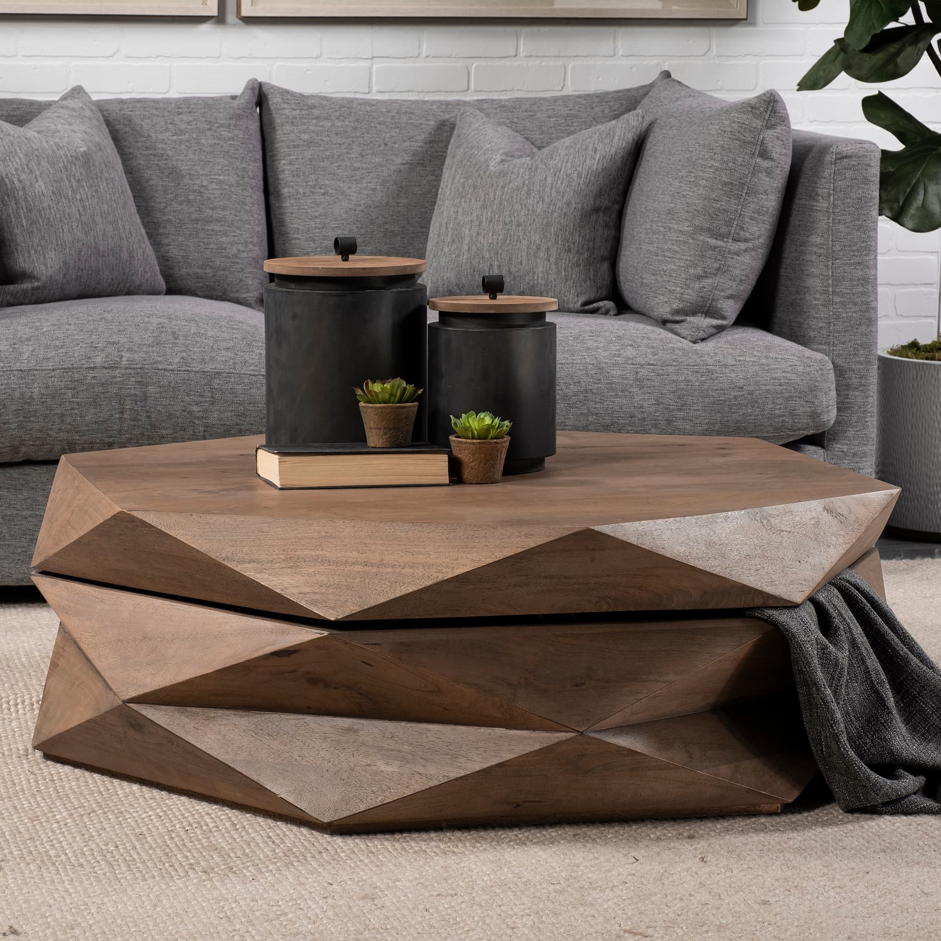 Arreto 48" Hexagonal Hinged Solid Wood Top and Base Coffee Table — product photograph