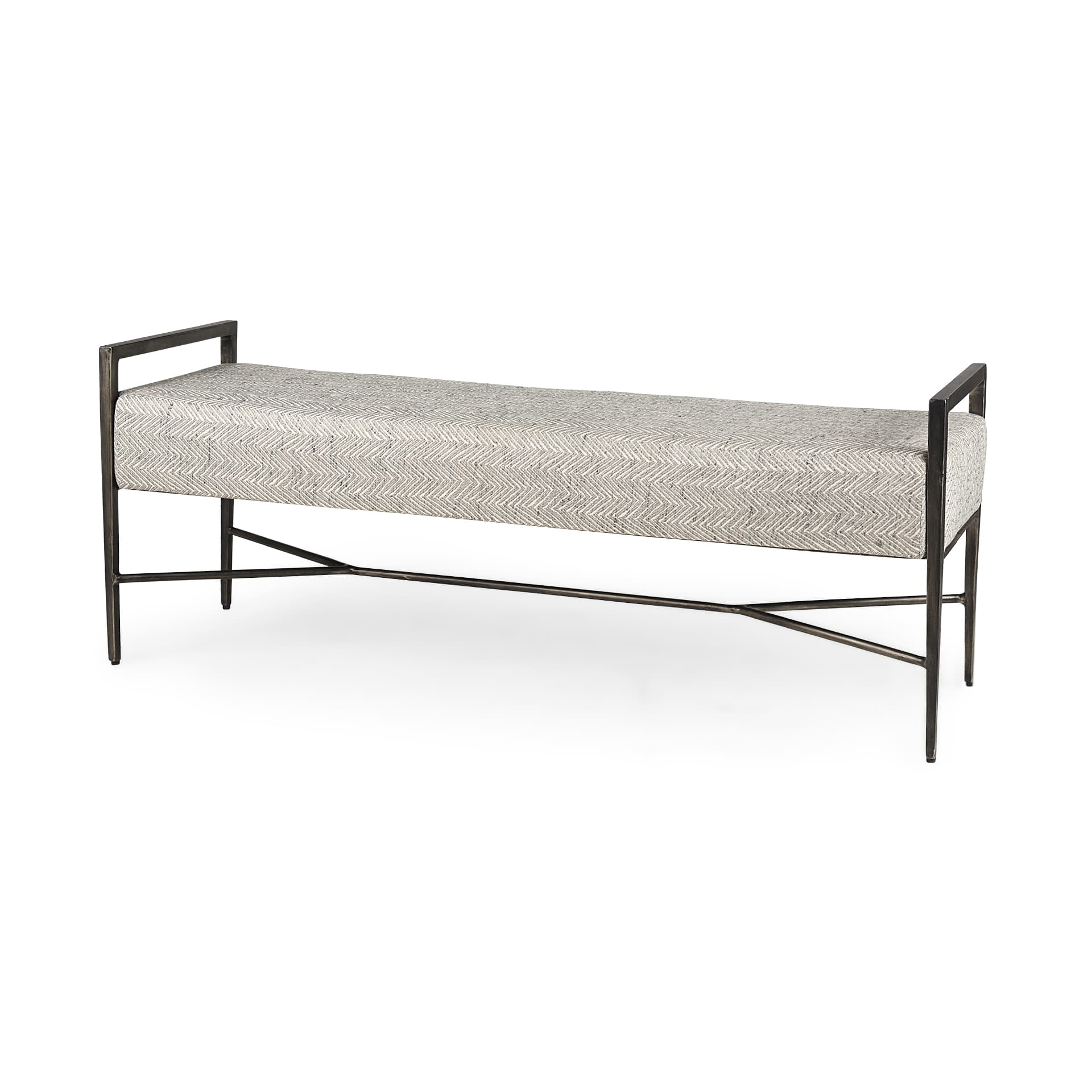 Charlotte 55.0L Gray Herringbone Fabric Seat w/ Antique Nickel Metal Frame Bench — product photograph