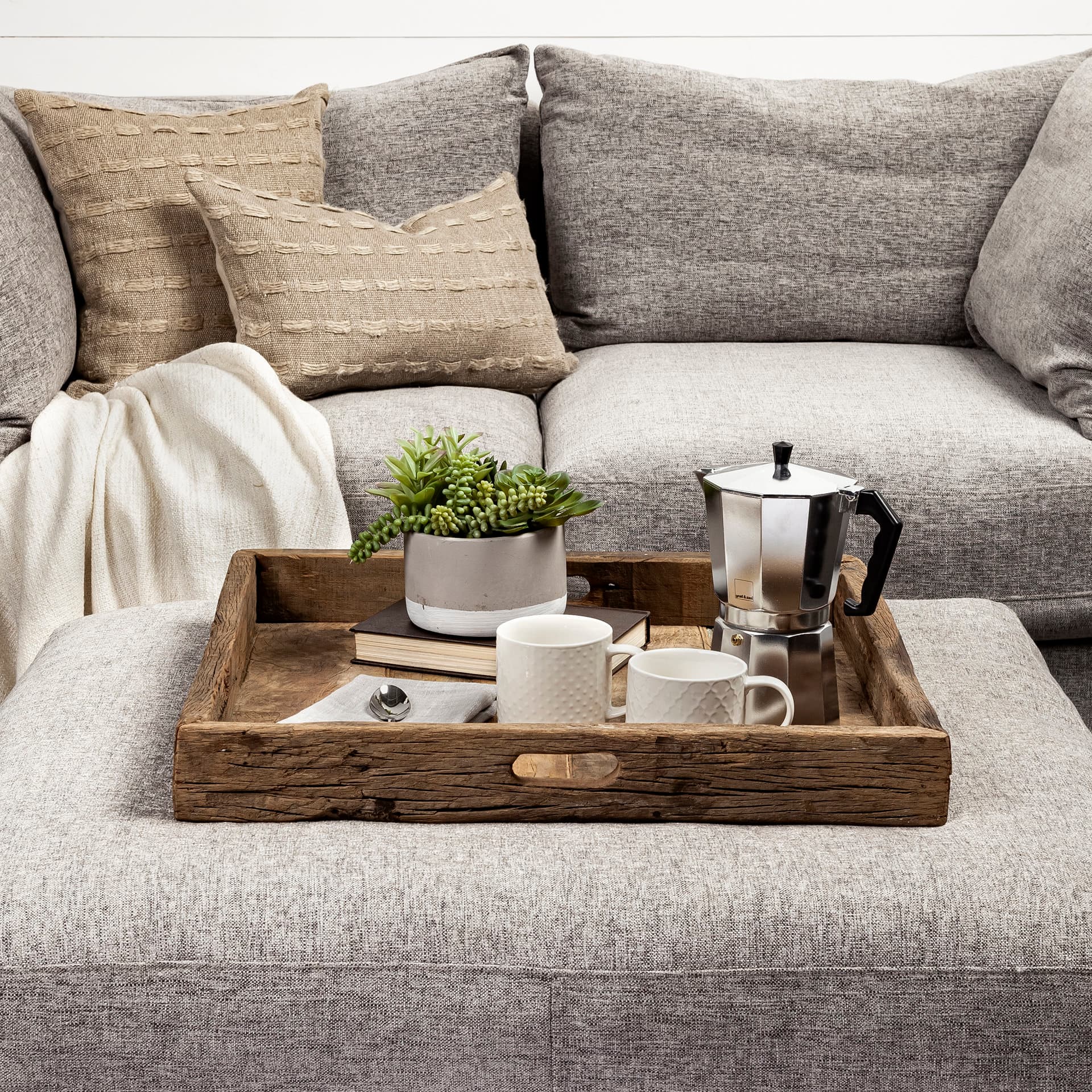 Carson (Small) 24L x 24W Brown Reclaimed Wood Tray — in a styled room