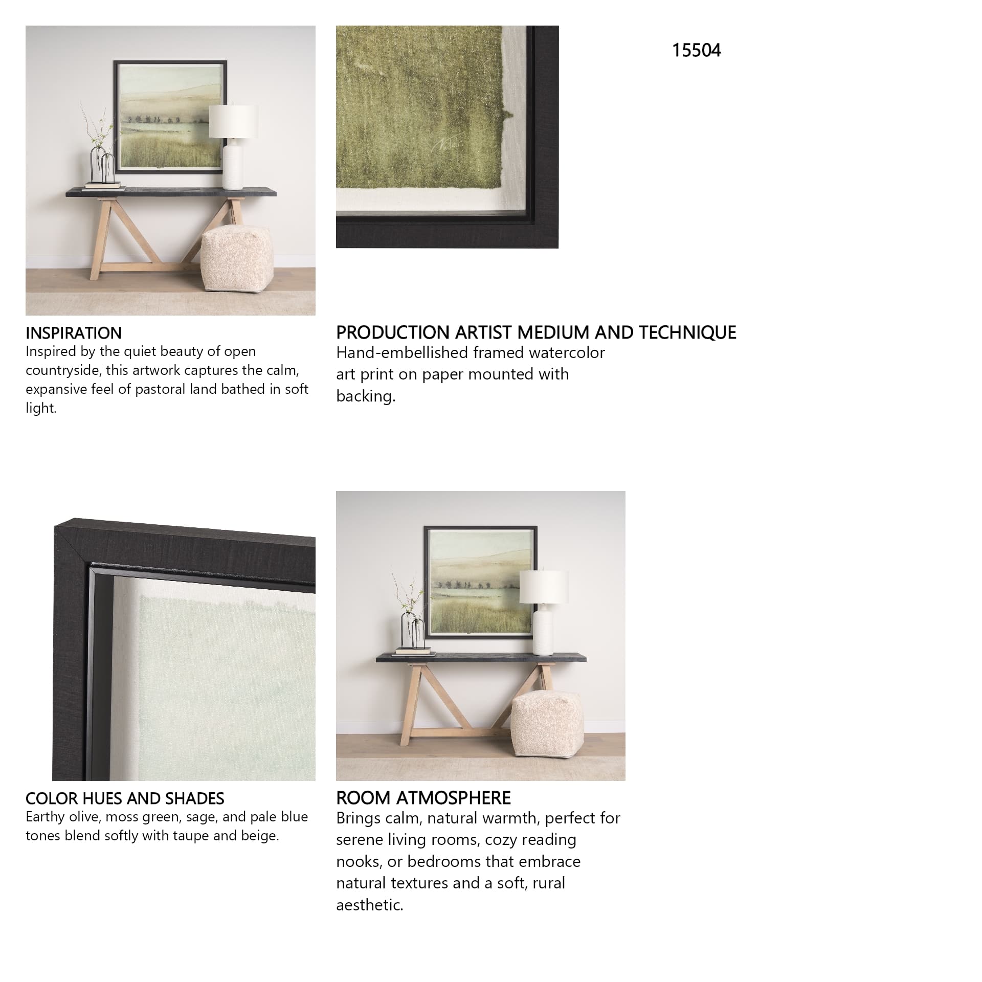 Rolling Fields II Hand Embellished Black Framed Watercolor Art Print on Paper Mounted with Backing — in a styled room