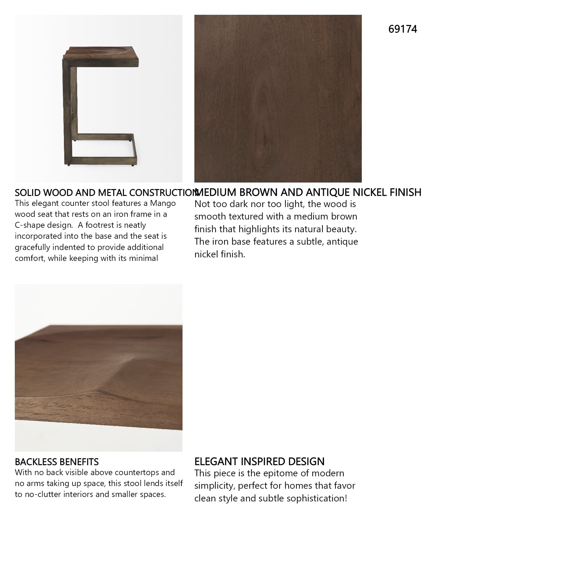 Kiran Backless 26in Seat Counter Stool | Brown Wood w/ Antique Nickel — product photograph