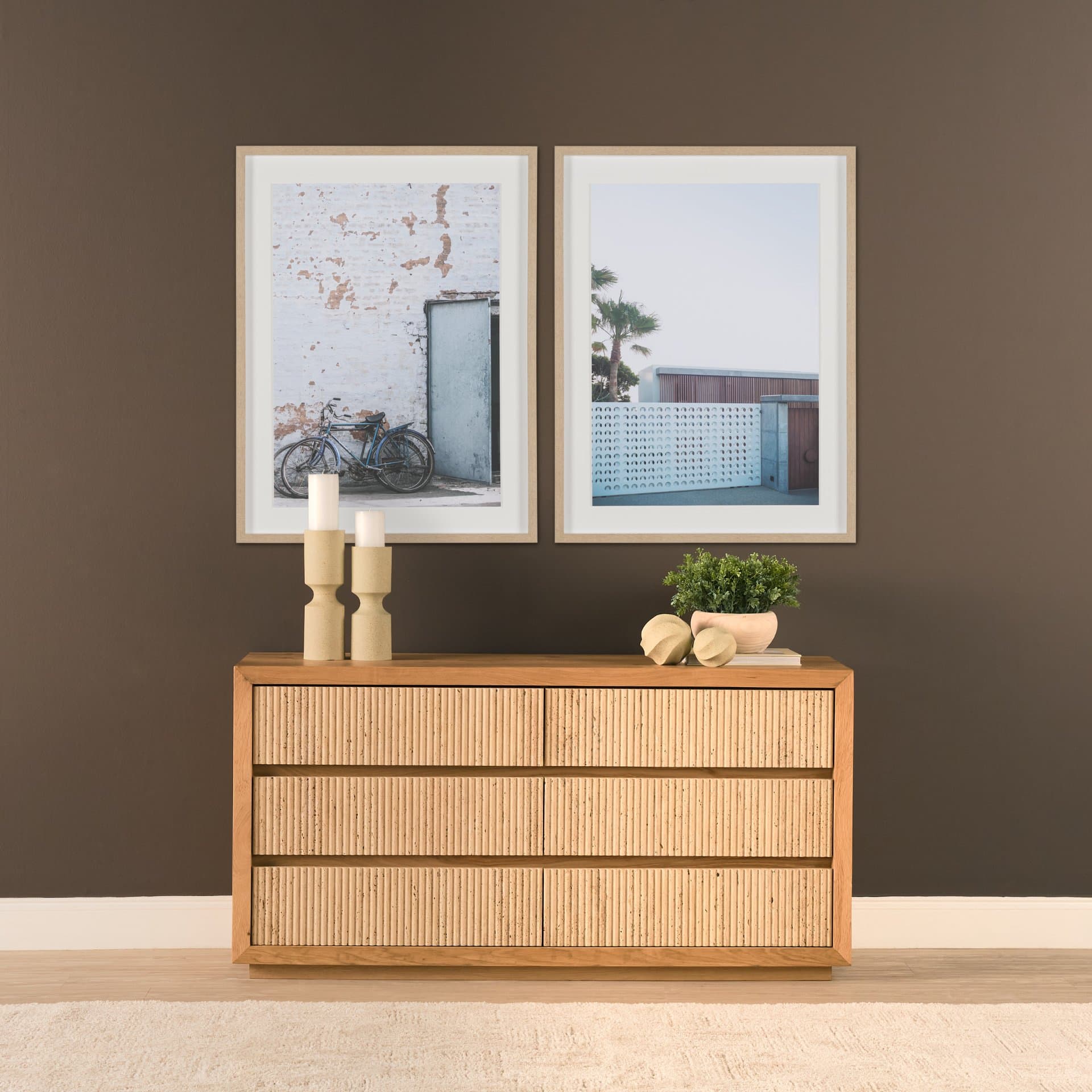Travona Oak Wood w/ Travertine 6 Drawer Dresser — in a styled room