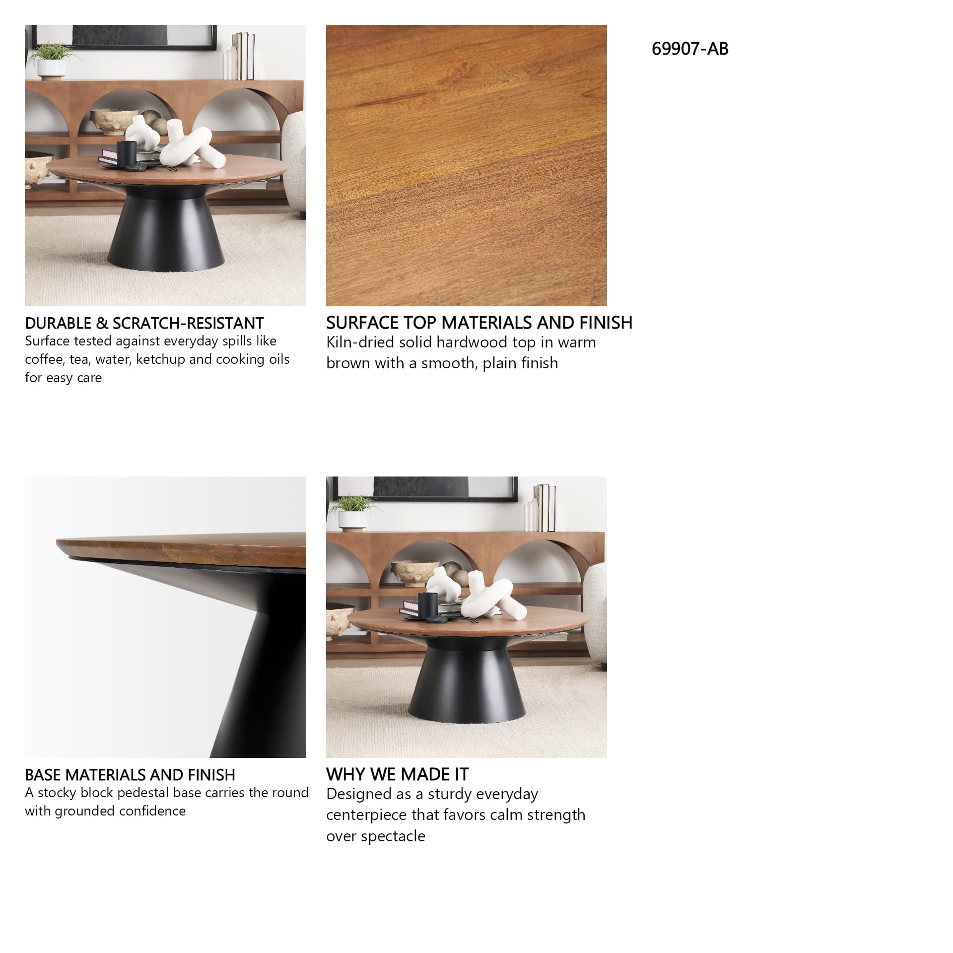 Mitchell 40.0L x 40.0W x 16.0H Black Metal Pedestal Base with Brown Wood Top Coffee Table — in a styled room