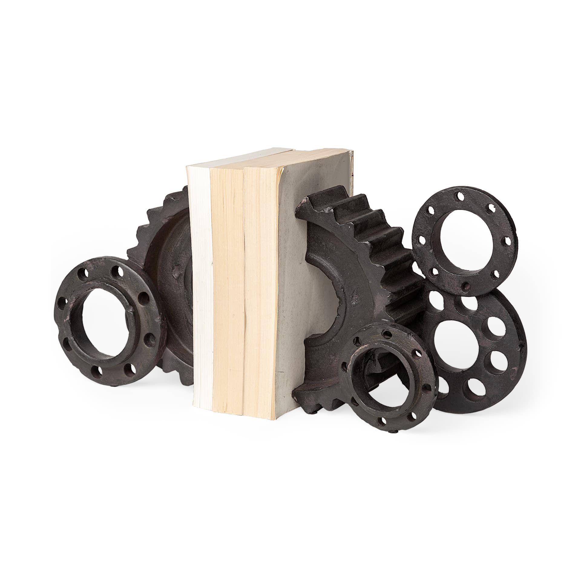 Cogsworth Set of 2 14L x 4W Brown Resin Industrial Gear Bookends — product photograph