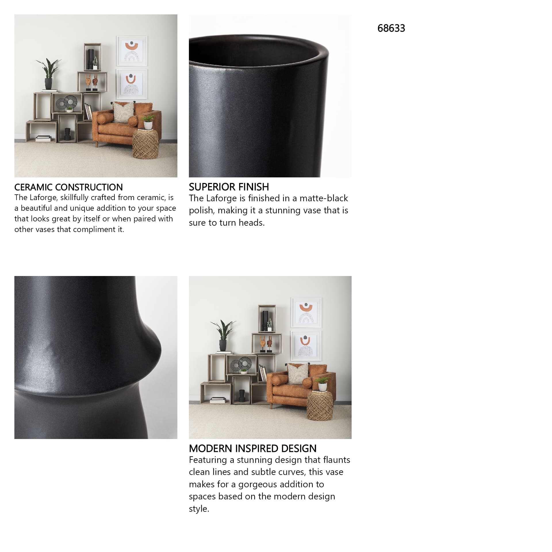 Laforge III Black Ceramic Vase — in a styled room