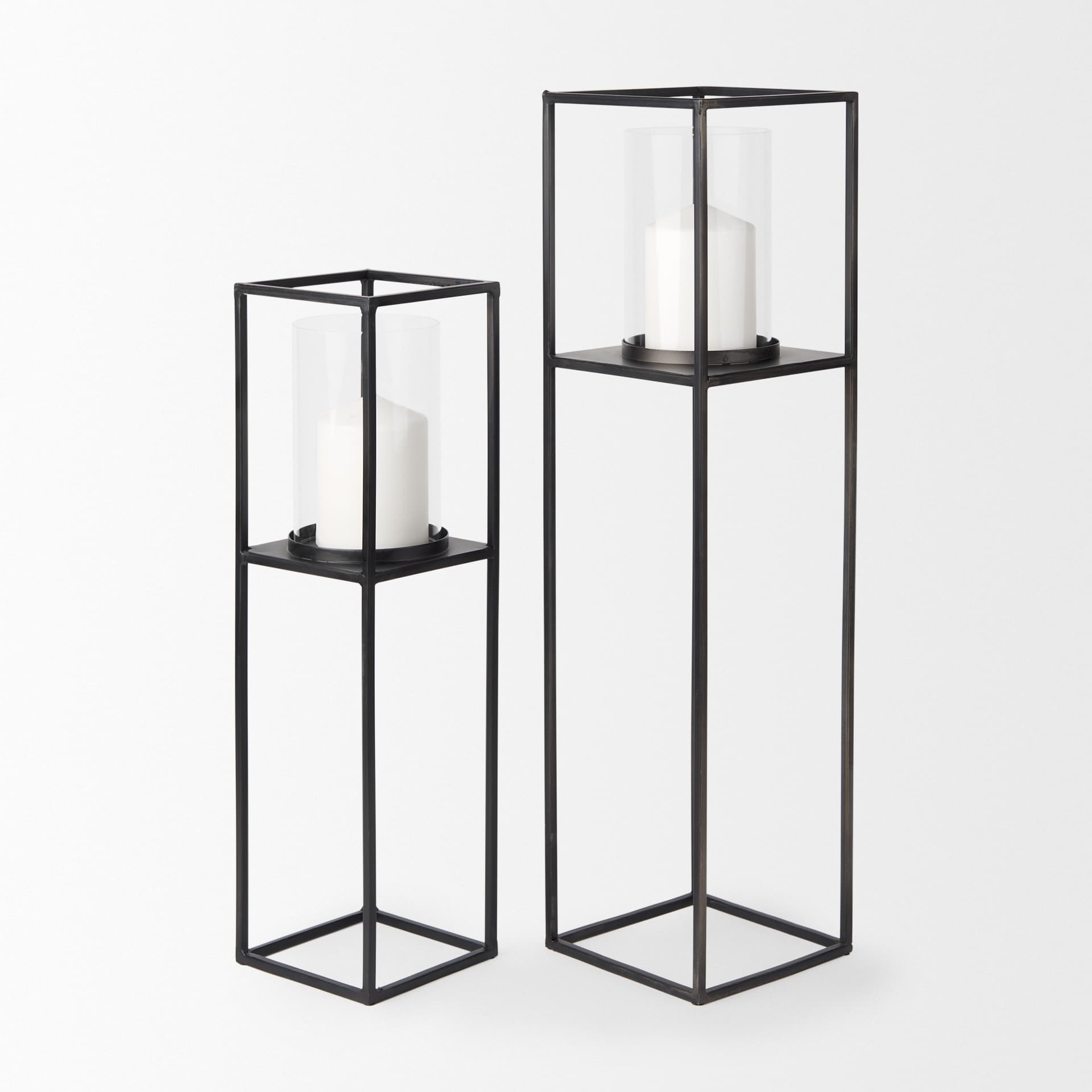 Cindy Set of 2 Matte Black Metal and Hurricane Glass Pillar Tabletop Candle Holders — product photograph
