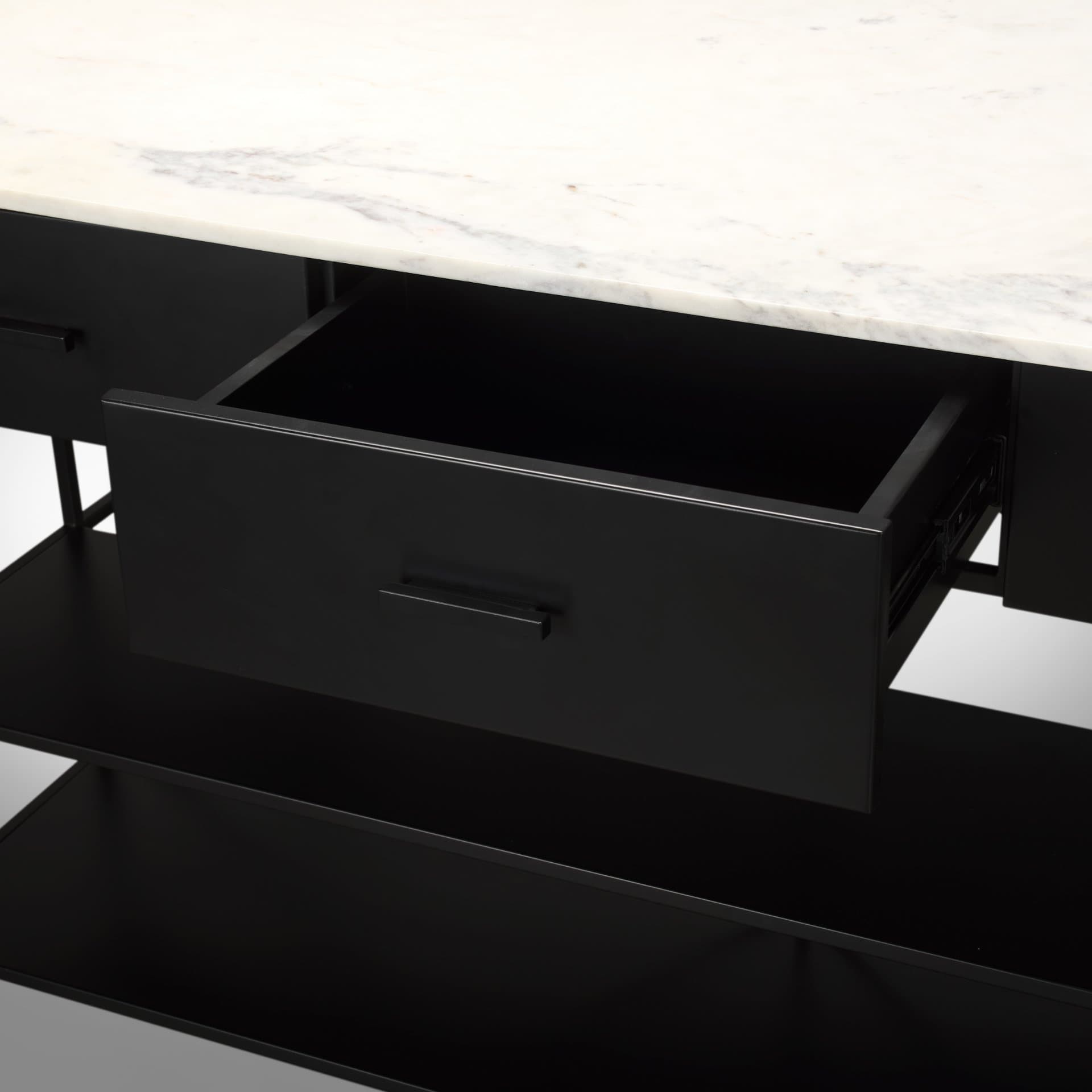 Amika White Marble Top Black Metal Base Kitchen Island — product photograph