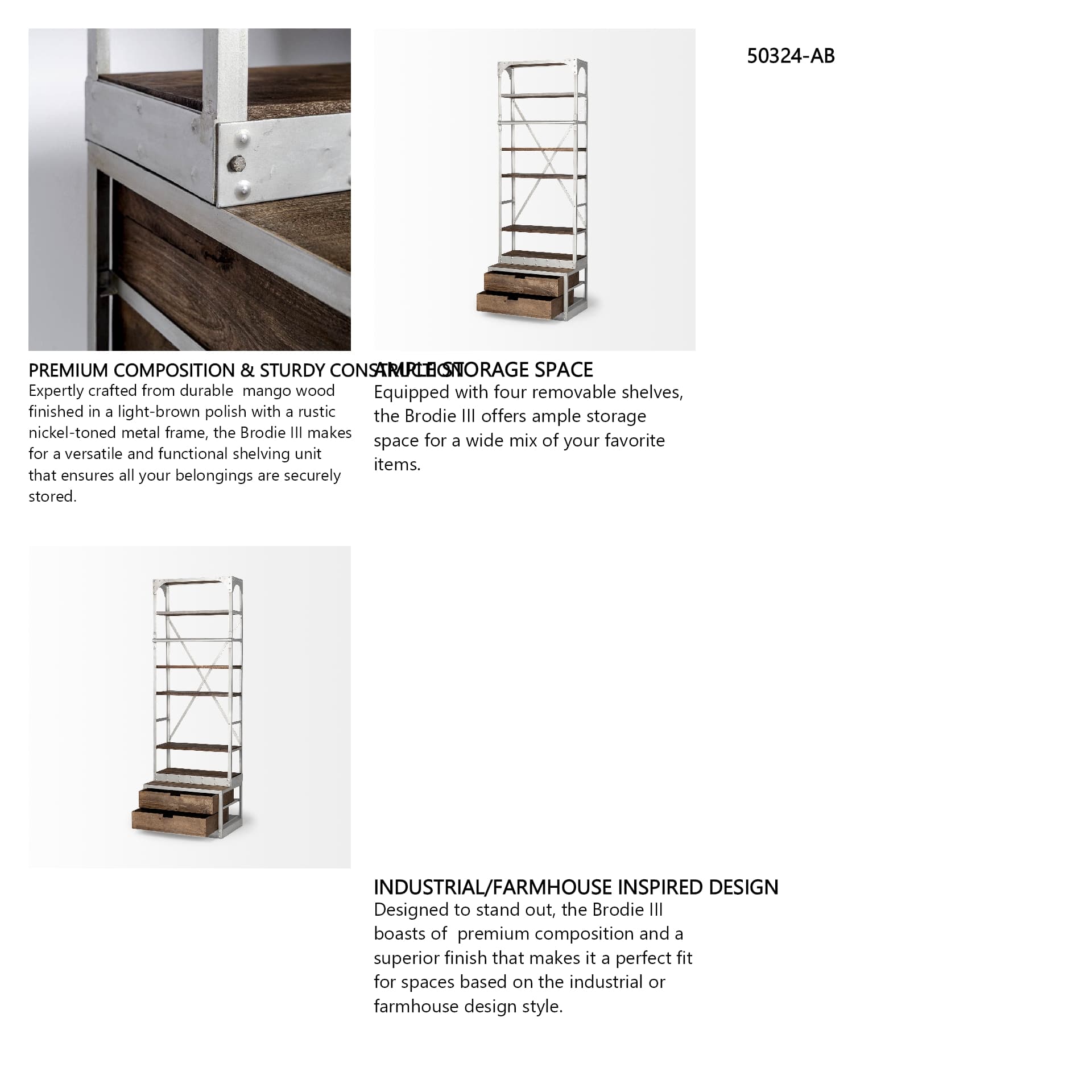 Brodie III 32L x 22W x 94H Medium Brown Wood Silver Accent Four Shelf Shelving Unit — in a styled room