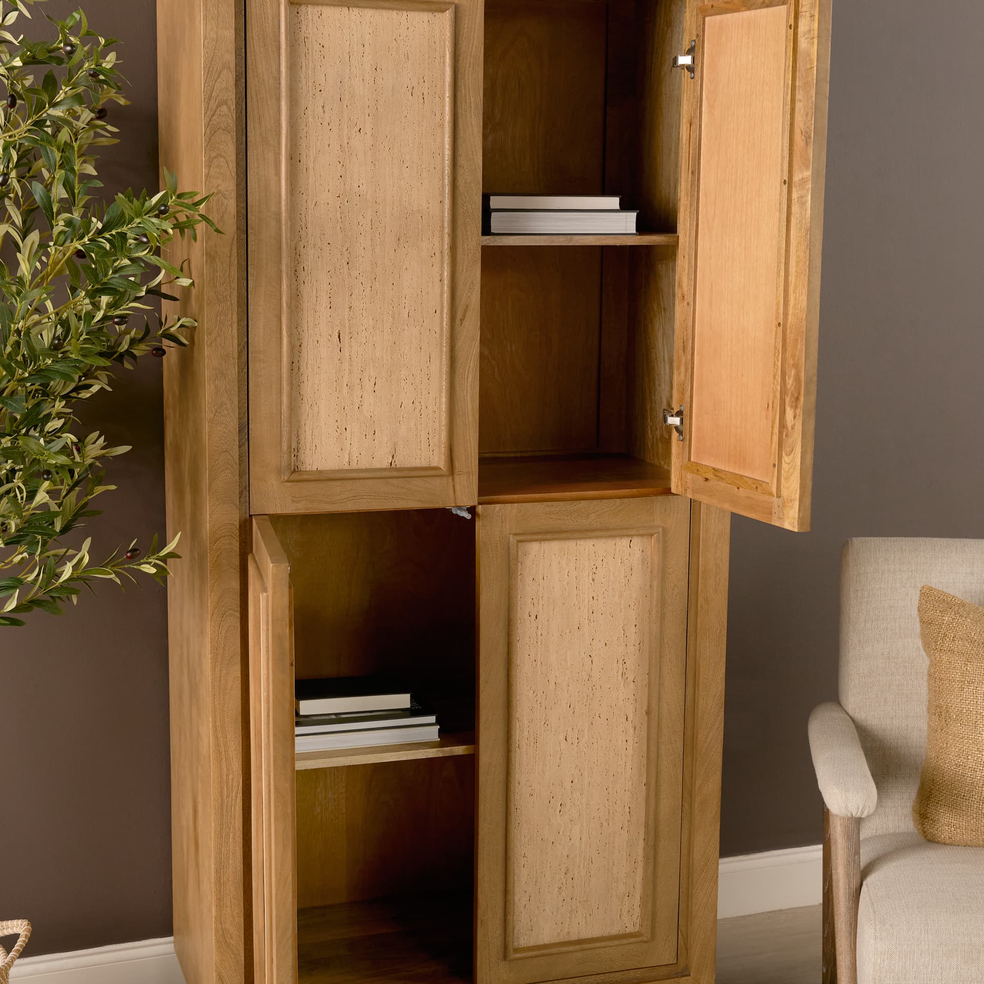 Valterra Light Brown Wood w/ Travertine 4 Door Tall Cabinet — product photograph