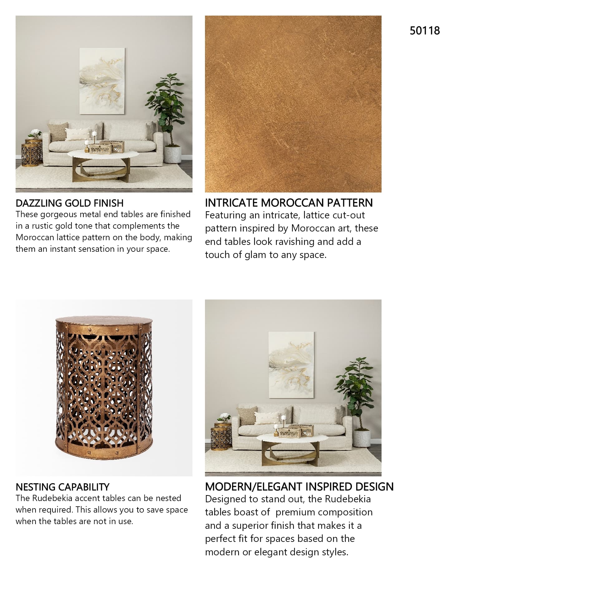 Rudebekia (Set of 2) 16L x 16W Gold Round Metal Accent Tables — in a styled room