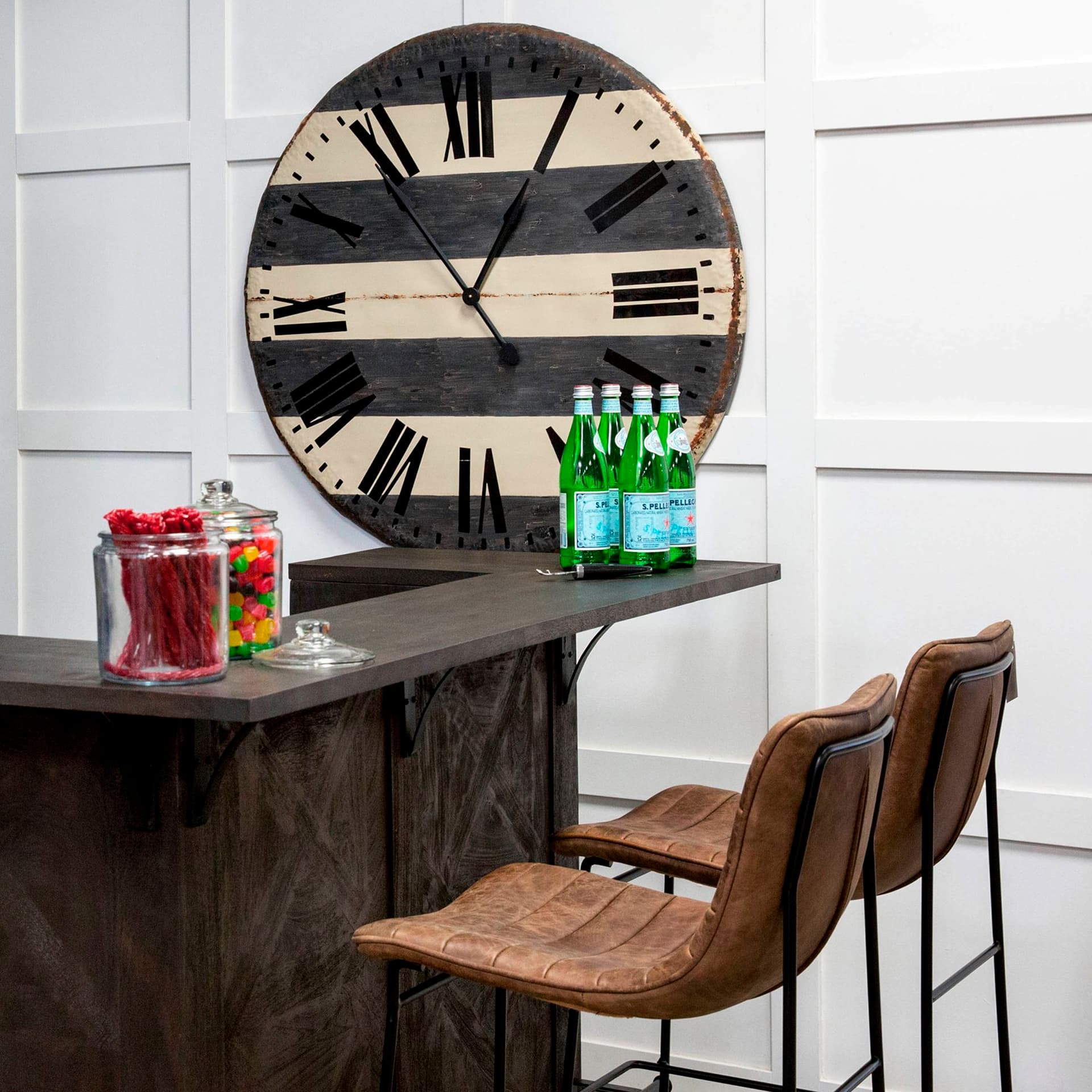 Meritt Low Back 37.8in Seat Counter Stool | Brown Leather w/ Metal — product photograph