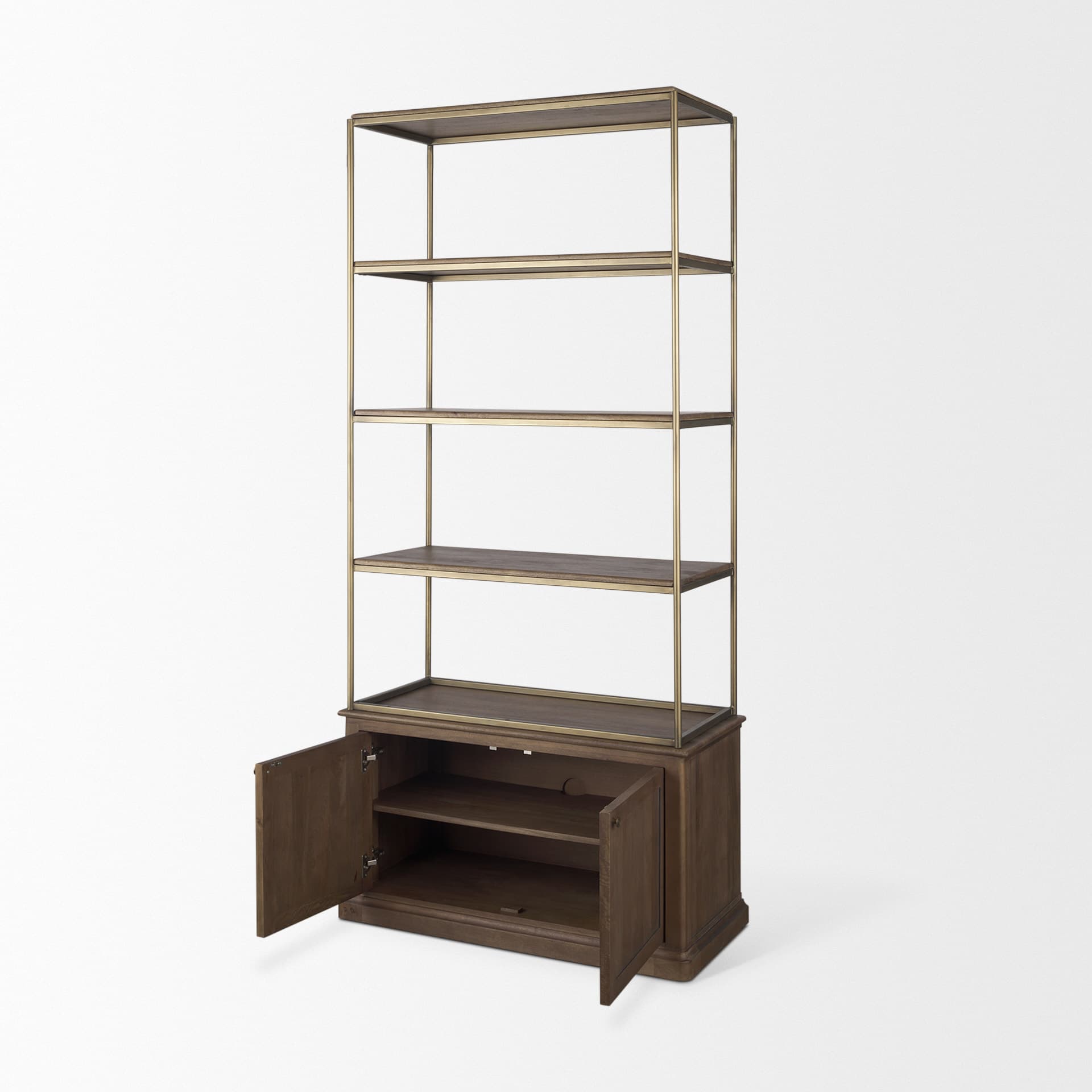 Baron Dark Brown Wood w/ Antiqued Aged Brass Metal 2-Door Open Shelving Unit — product photograph