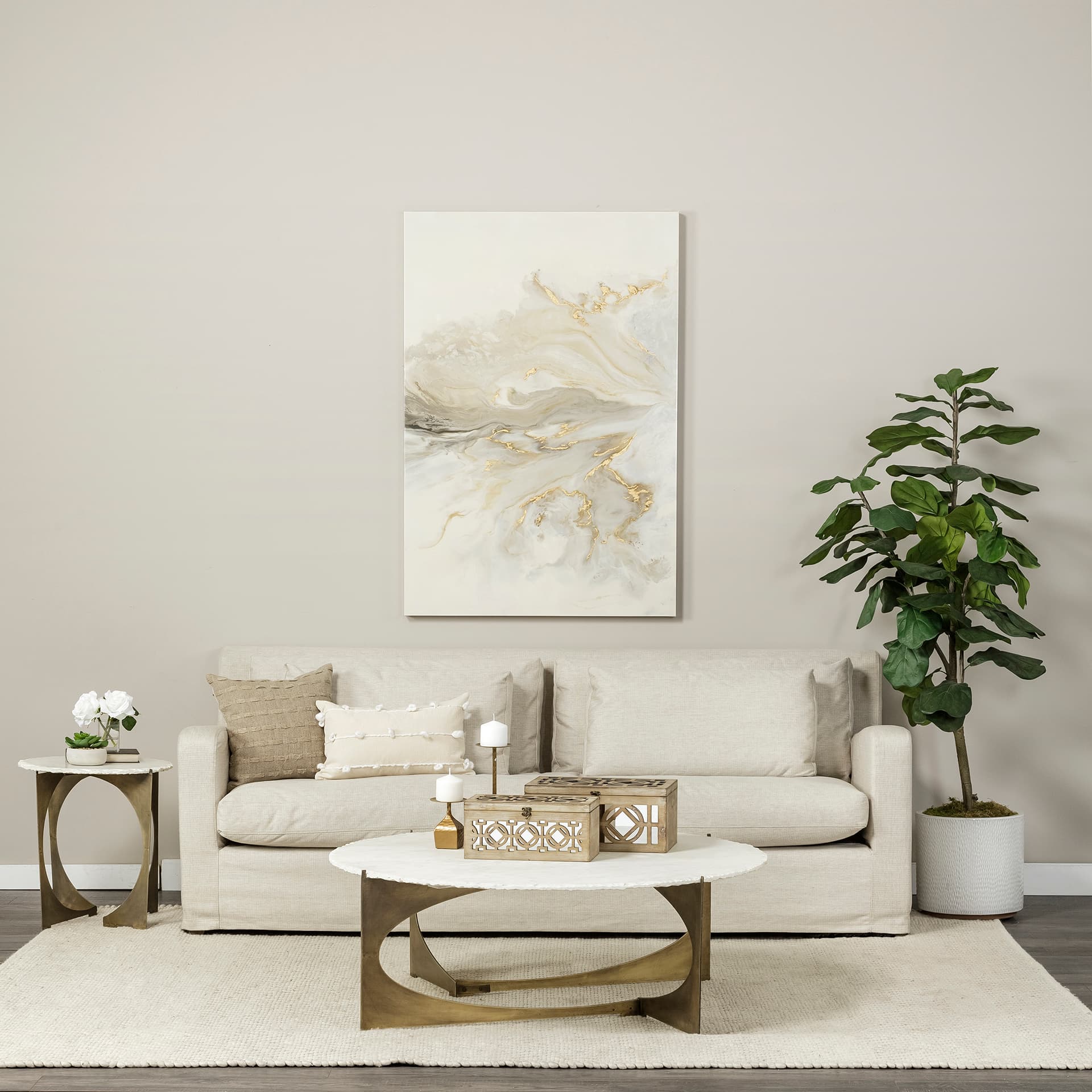 Reinhold II 21L x 21W x 21H Round Live-Edge Marble Top and Gold Metal Base Side/End Table — in a styled room