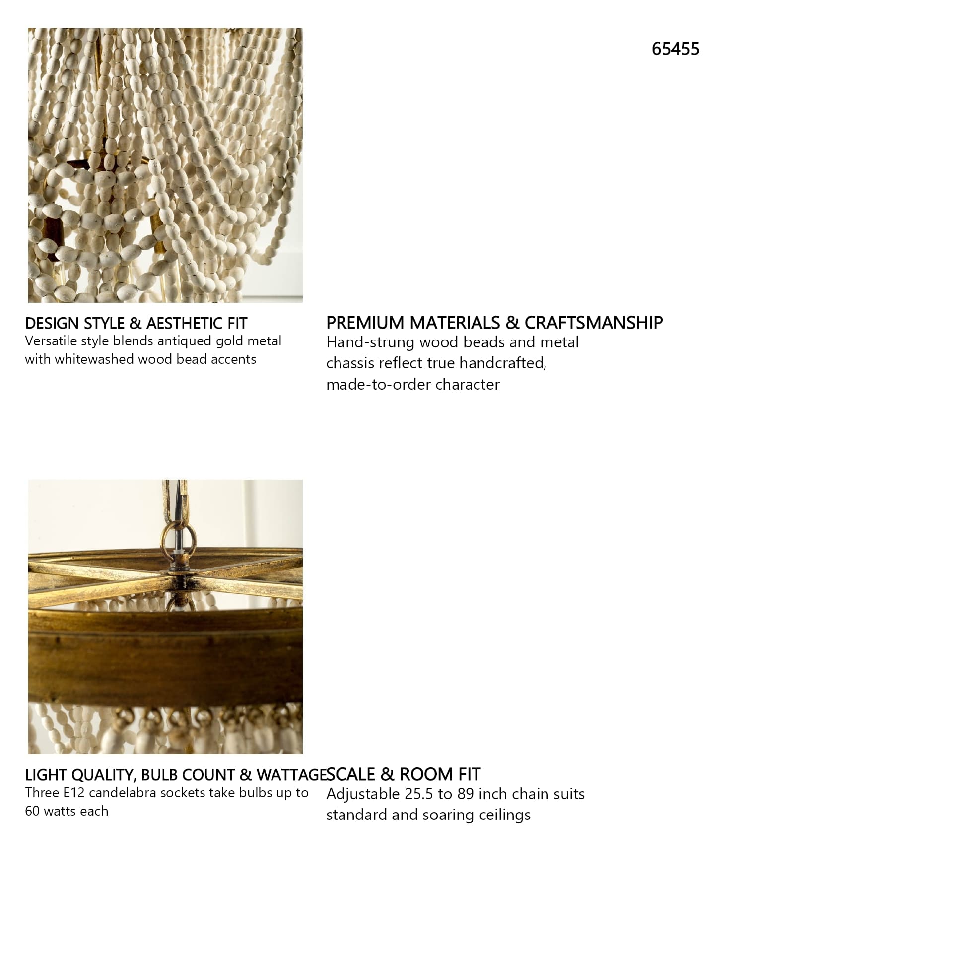 Pendra (26"x23") Gold Metal Whitewashed Wooden Bead Three Bulb Chandelier — in a styled room