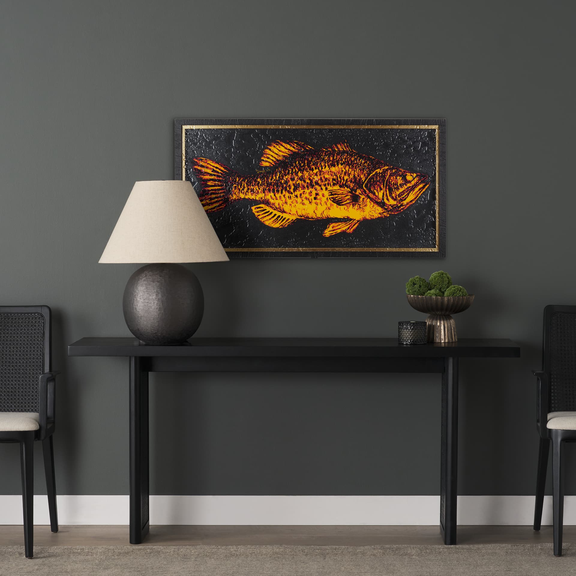 Largemouth Bass Orange by Mercana Studio a Hand Embellished Textured Framed Art Print — in a styled room