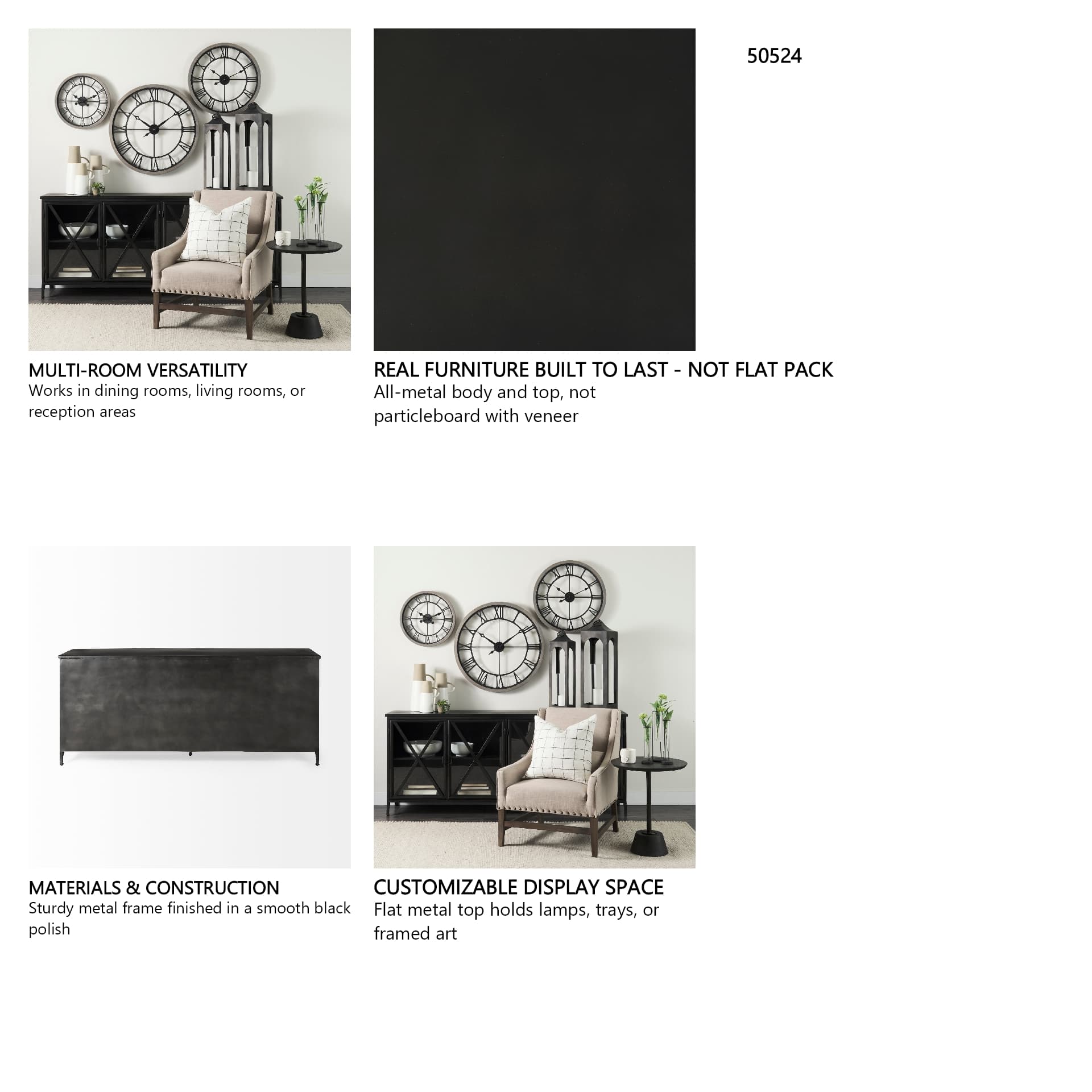 Poppy I 79x16 Black Metal With Glass Door Sideboard — in a styled room