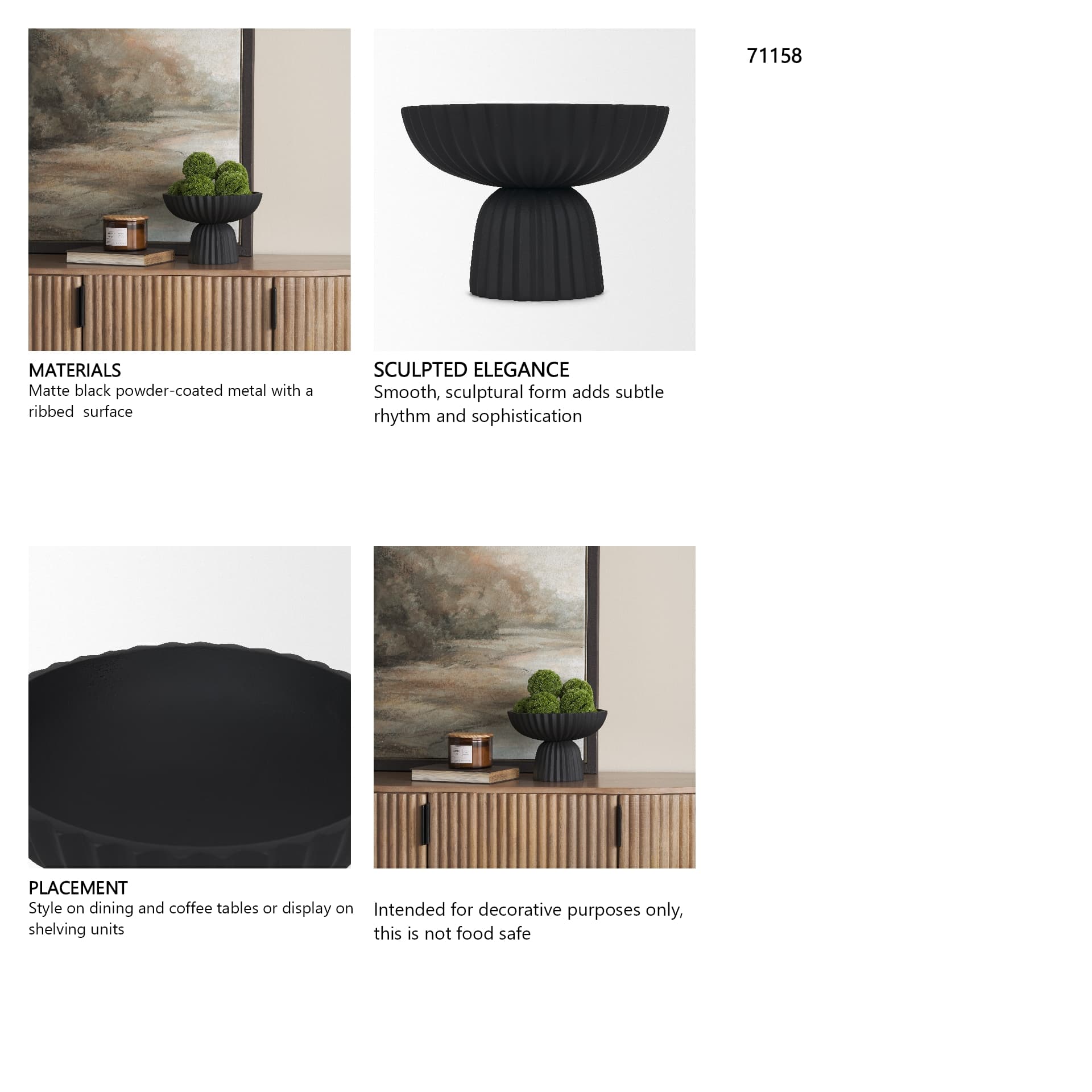 Ciaran Smooth Fluted Matte Black Metal Decorative Bowl — in a styled room