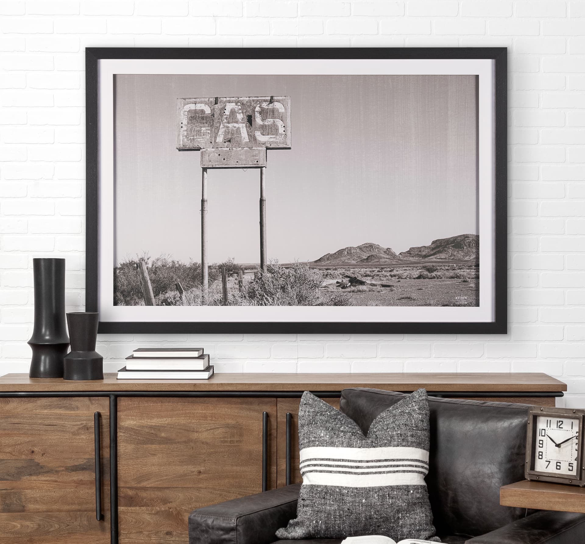 Southwest Gas Station by Nathan Larson a Hand Embellished Framed Photo Art Print Matted under Glass — in a styled room