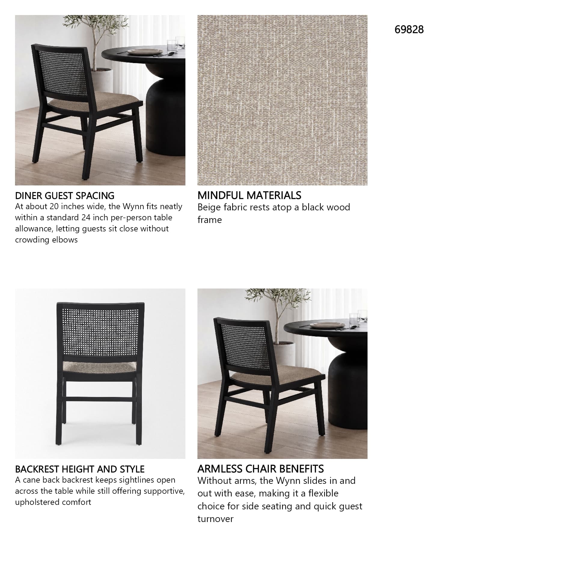 Wynn Cane Back Dining Side Chair | Beige Fabric w/ Black Wood — in a styled room