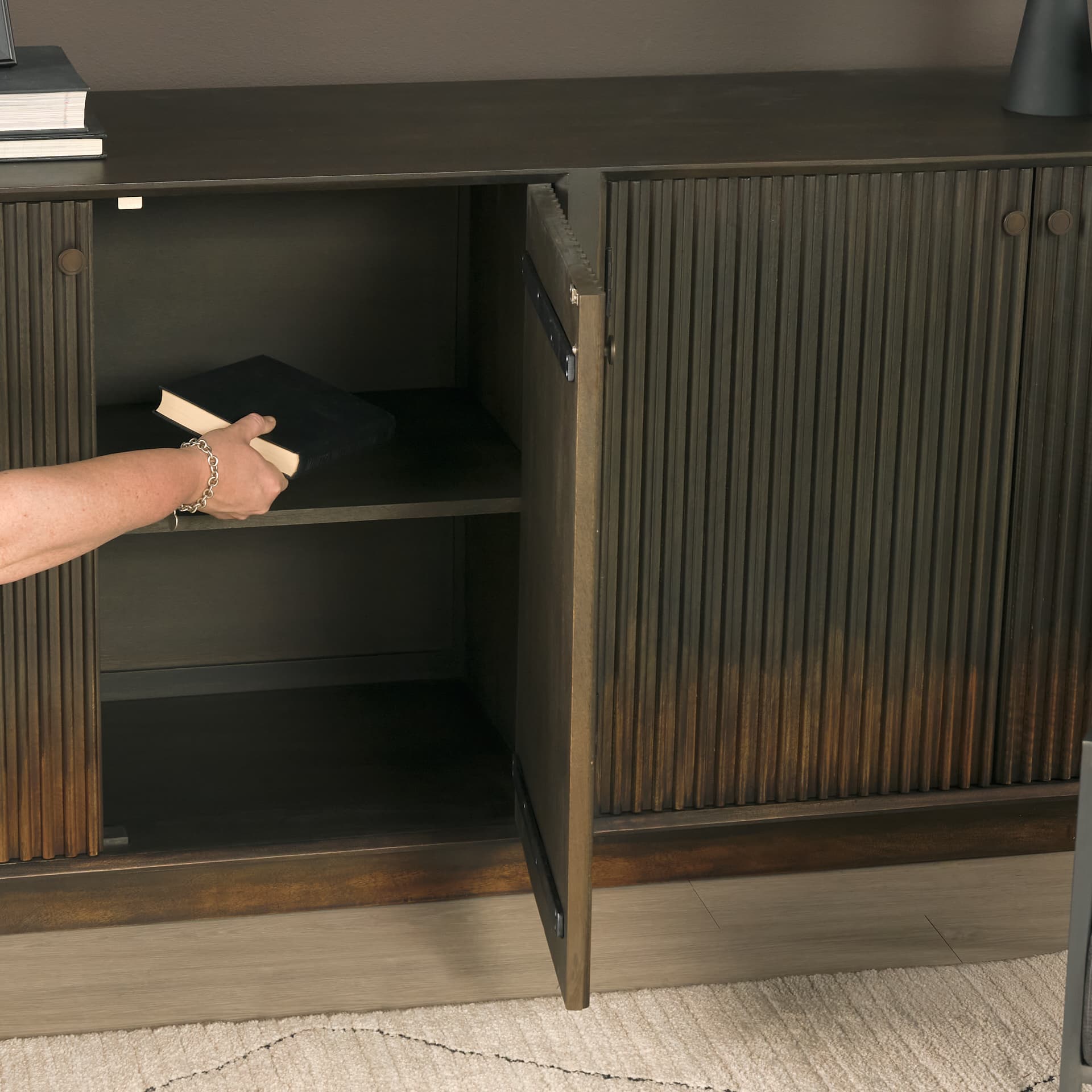 Cinder Distressed Dark Brown Wood Reeded 4-Door Closed Sideboard — product photograph