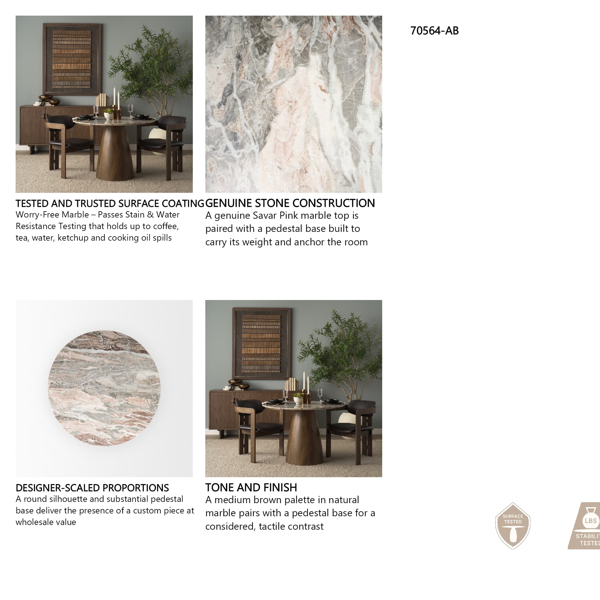 Allyson 42" Round Pedestal Dining Table | Savar Pink Marble & Brown Wood | Seats 4 — in a styled room