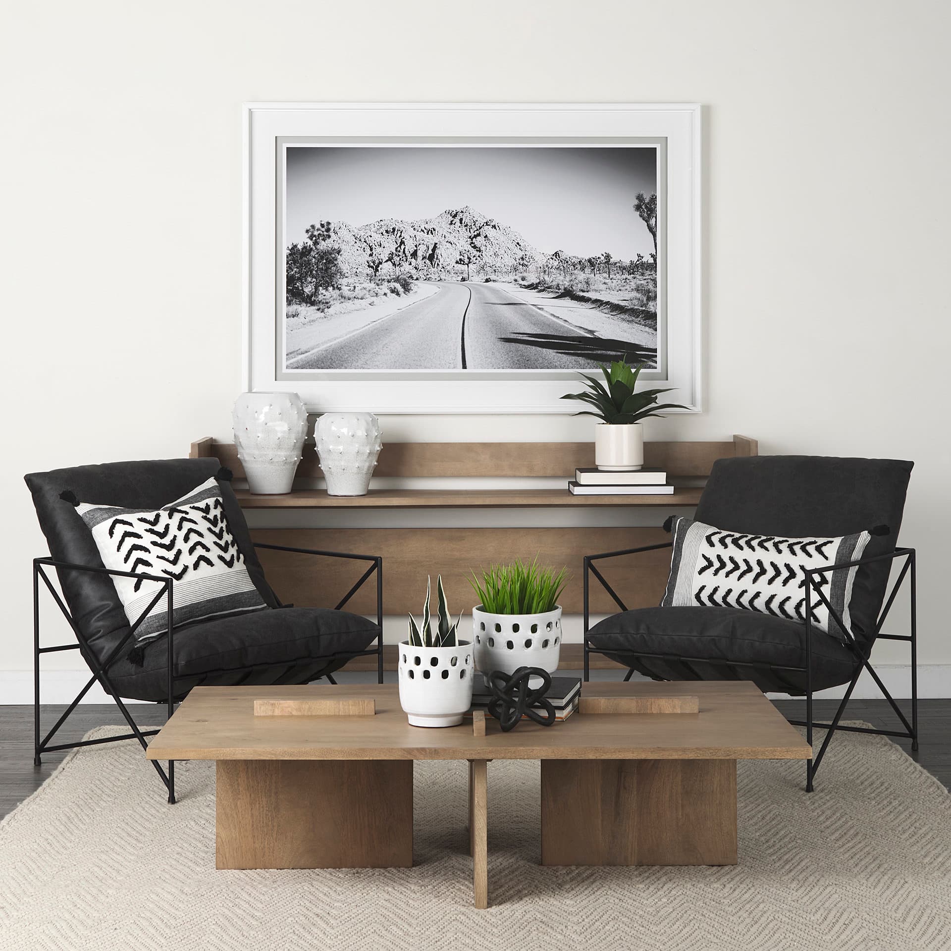 Kimia 14x26 White/Black Fabric Herringbone w/Fringed Pillow Cover — in a styled room