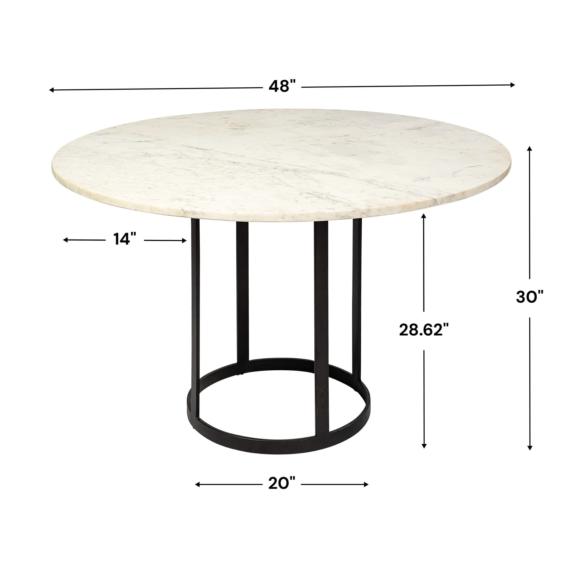 Tanner 48" Round Pedestal Dining Table | Modern | White Marble & Black Metal | Seats 4 — product photograph