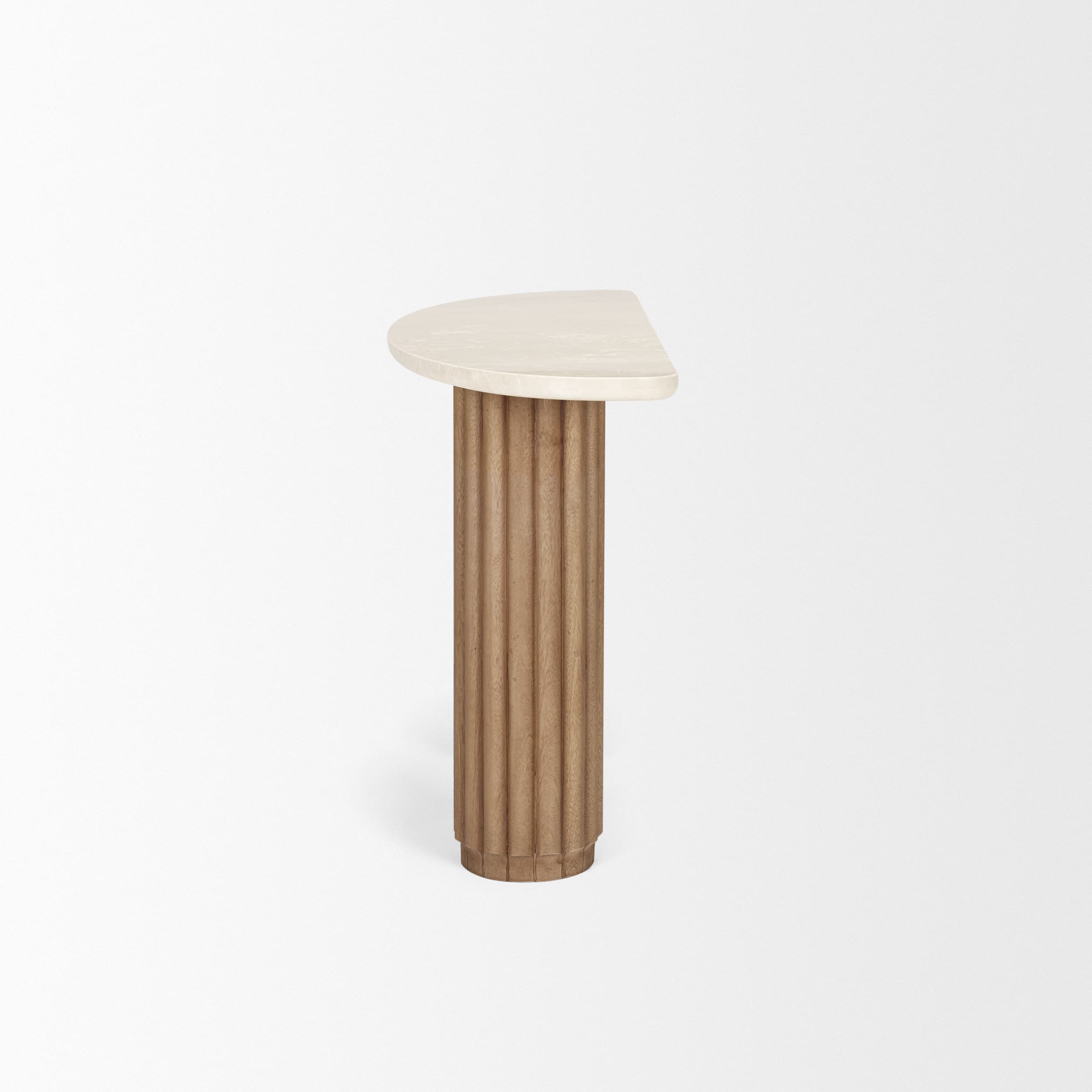 Marbrello Botticino Marble Top Light Brown Fluted Wood Half Moon Console Table — product photograph