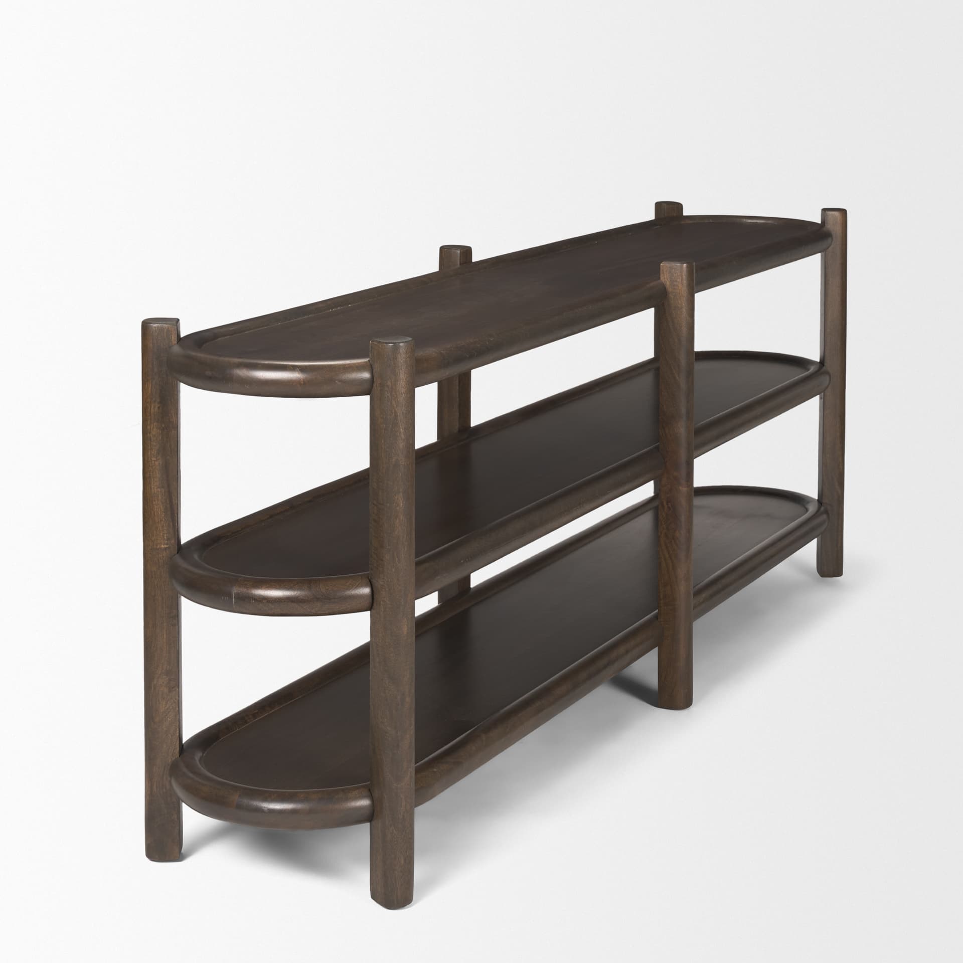 Romi Dark Brown Wood w/ 3 Shelves Oval Console Table — product photograph