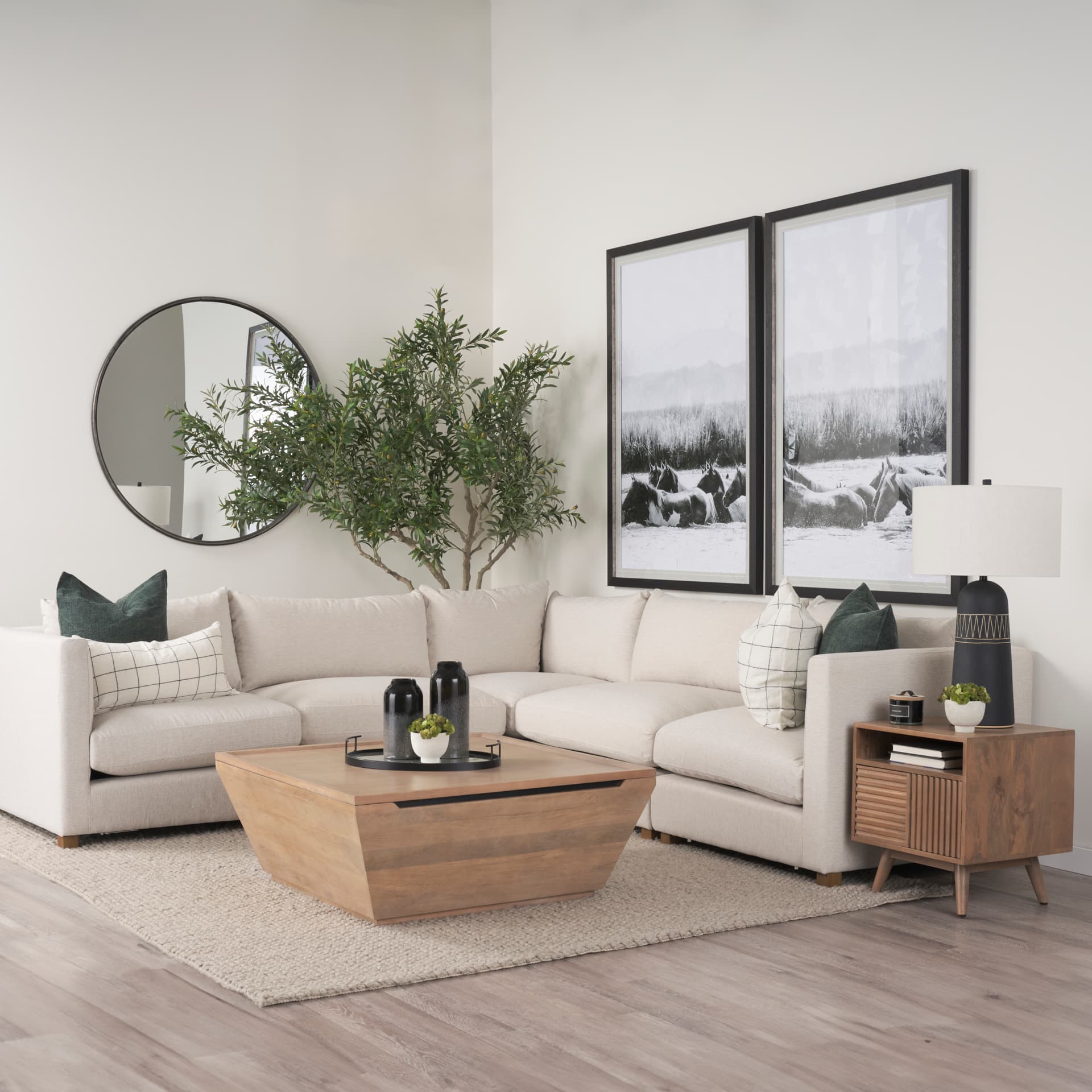 Halston Corner Sectional Piece Oatmeal Performance Fabric — in a styled room