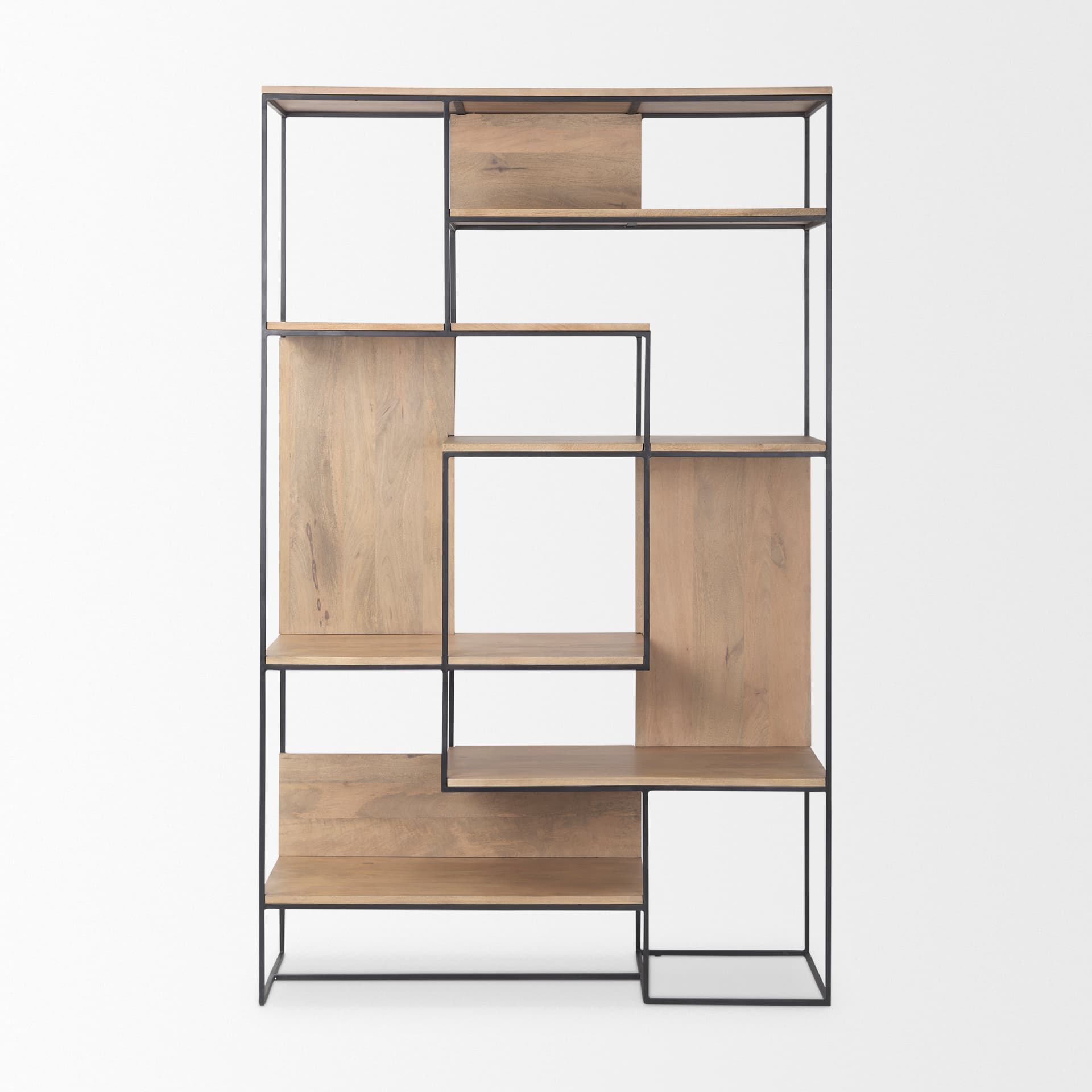 Morris 47.0L x 15.0W x 75.0H Light Brown Wood w/ Black Metal Frame 6-Tier Shelving Unit — product photograph
