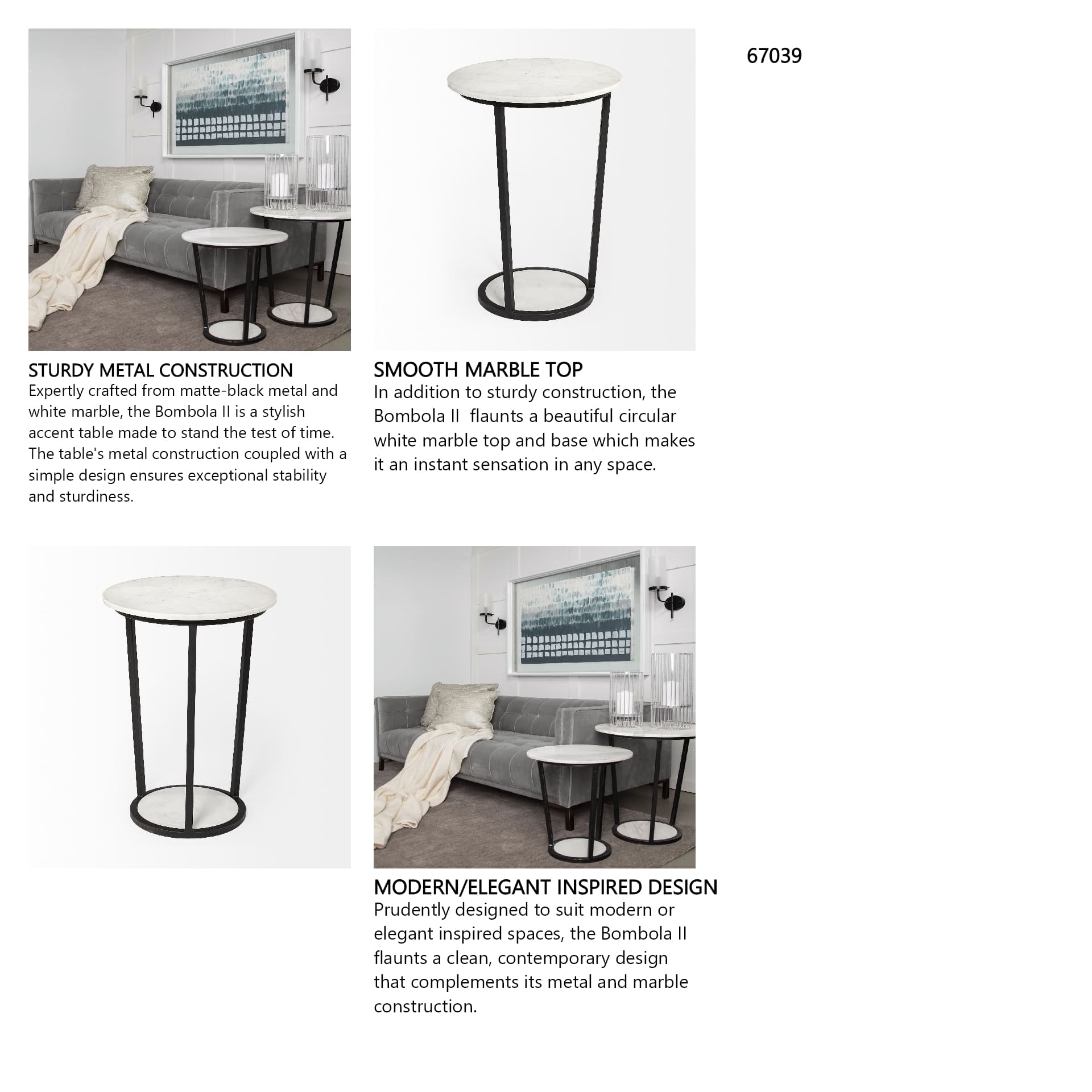 Bombola II (Large) 18L x 18W White Round Marble Top W/Black Metal Frame Accent Table — in a styled room