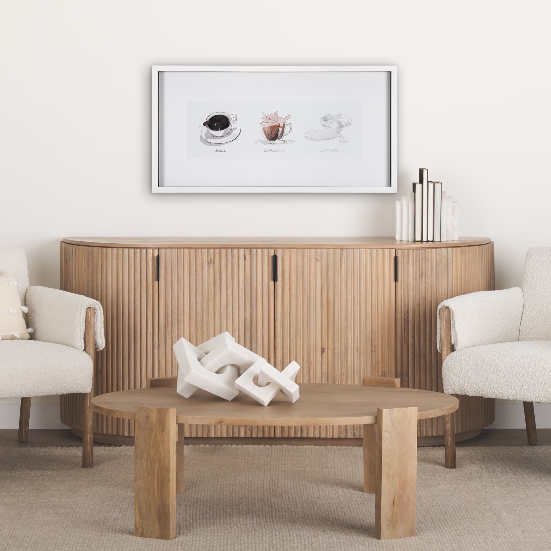Coffee Cat by Mercana Studio a Framed Art Print Matted under Glass — in a styled room