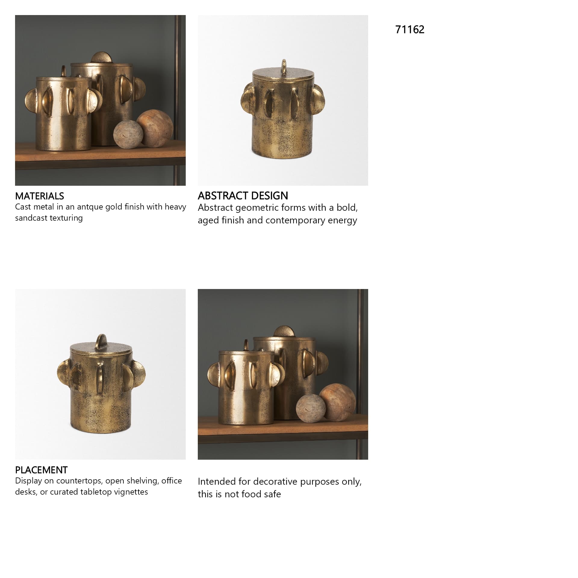 Deacon Small Antiqued Gold Metal Canister with Sculptural Handles — in a styled room