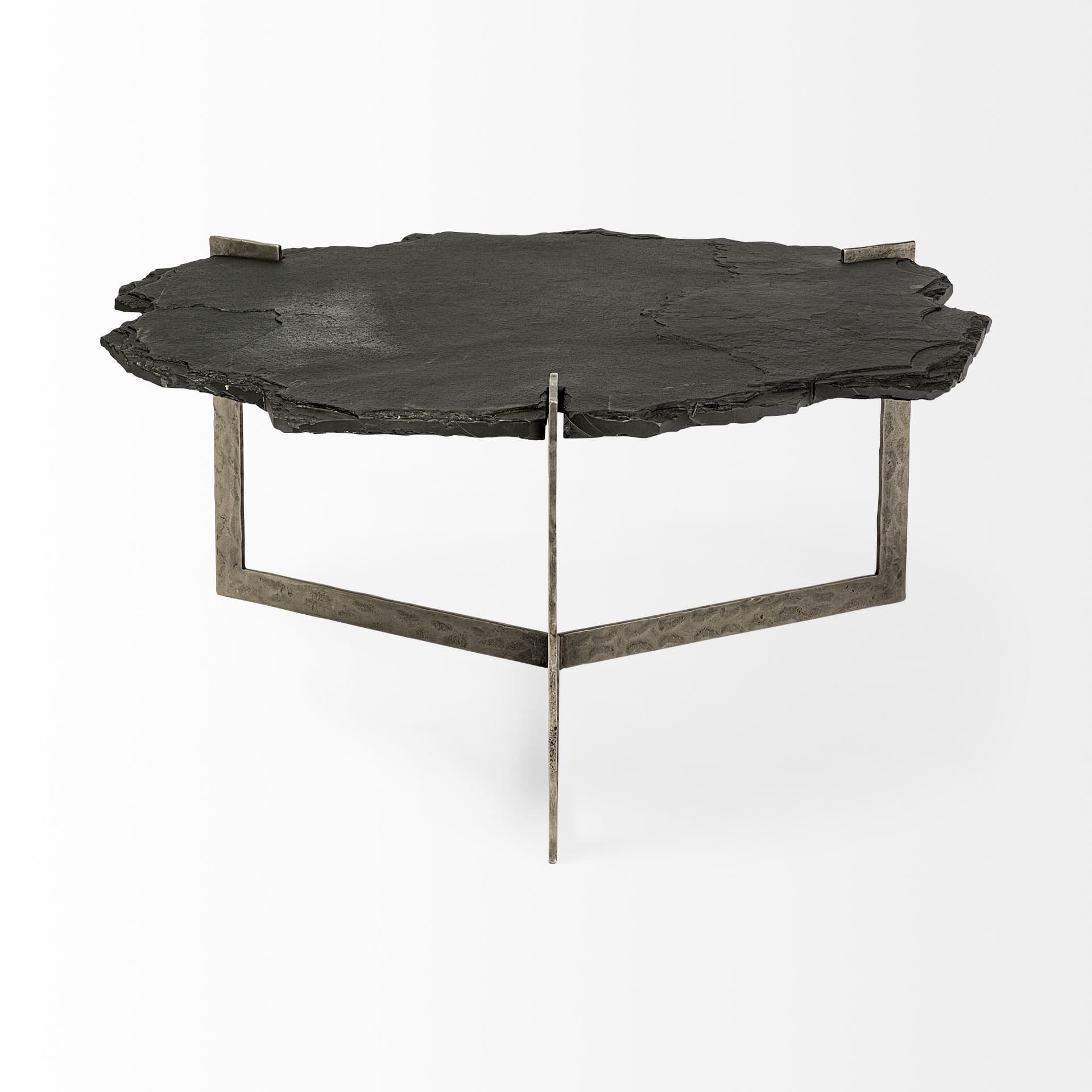 Shale 37" Irregular Live-Edge Black Slate w/Flat Iron Base Coffee Table — product photograph