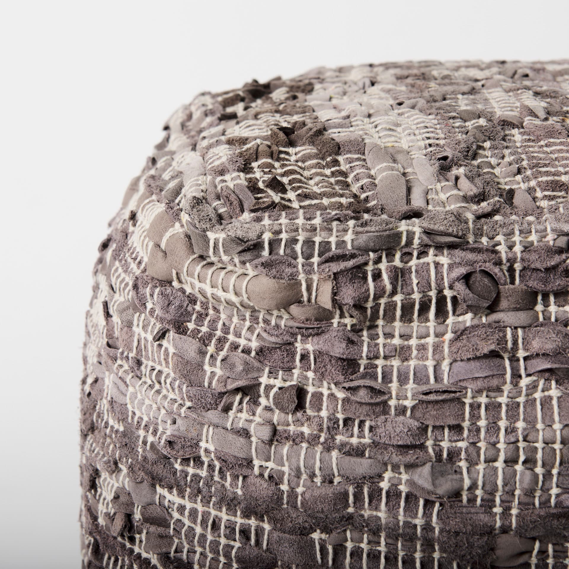Falguni 16.0L x 16.0W x 16.0H Gray Leather and Cotton Patterned Pouf — product photograph