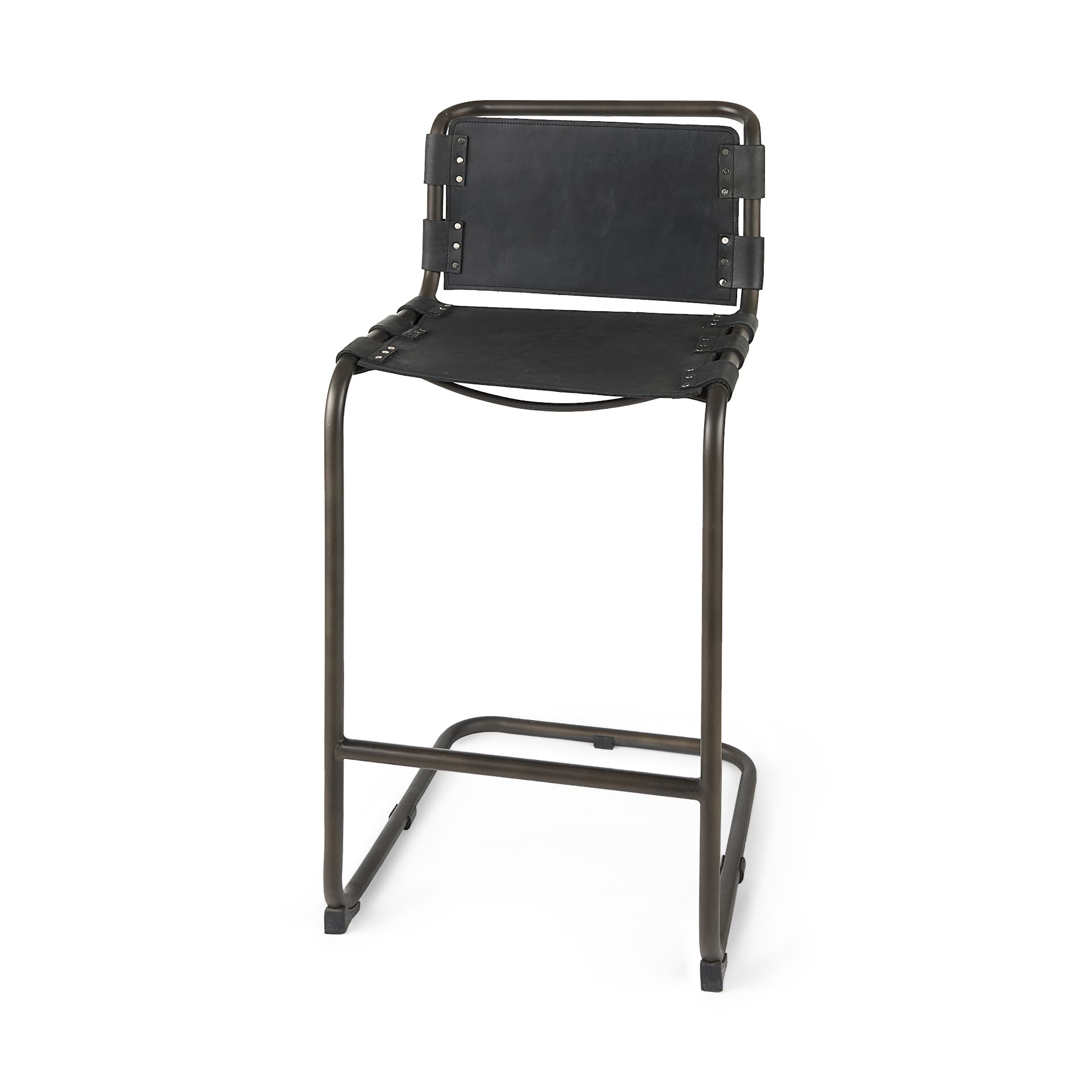 Berbick Low Back 26in Seat Counter Stool | Black Leather w/ Gray Metal — product photograph