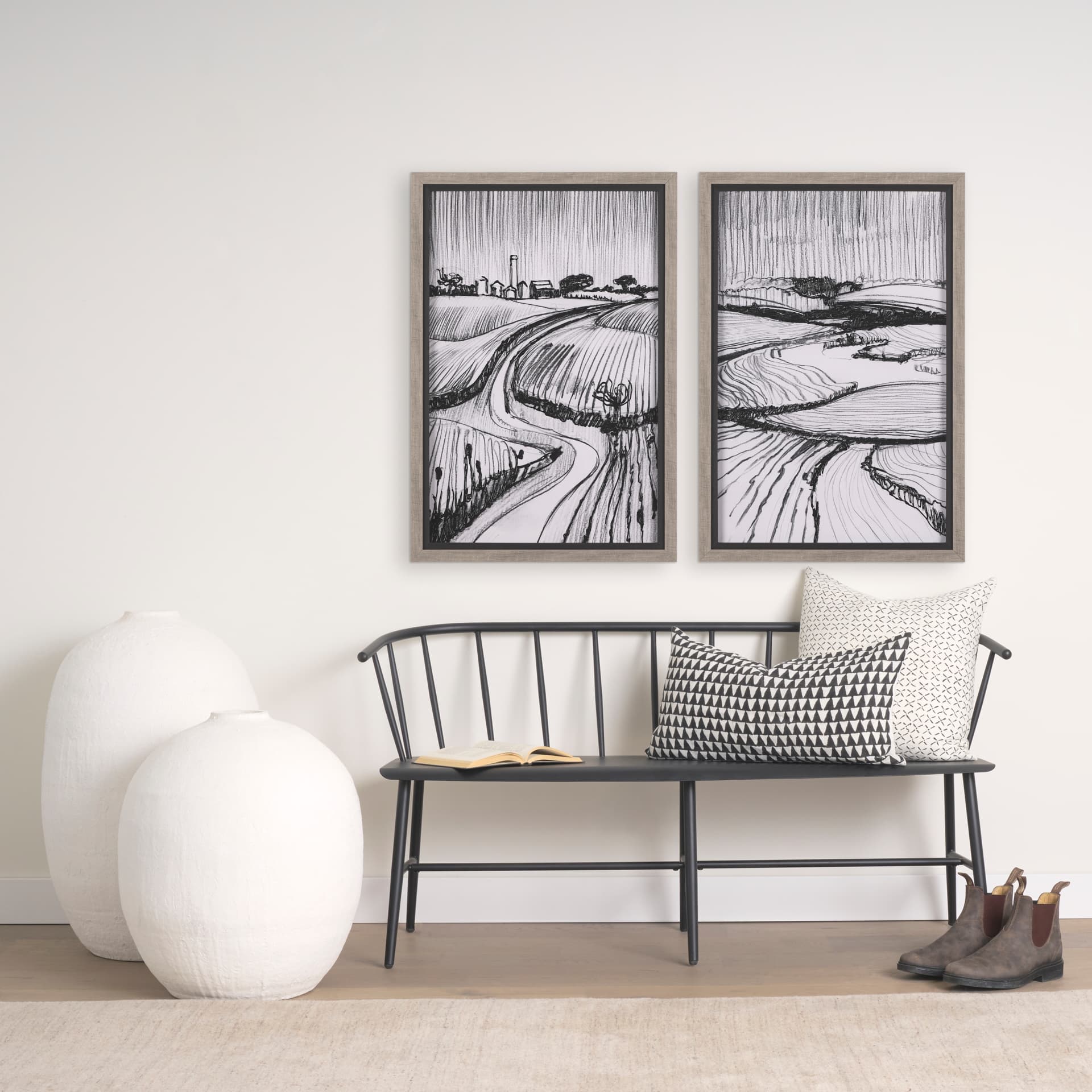 Jolie Cream w/ Black Print Linen Lumbar Pillow Cover — in a styled room
