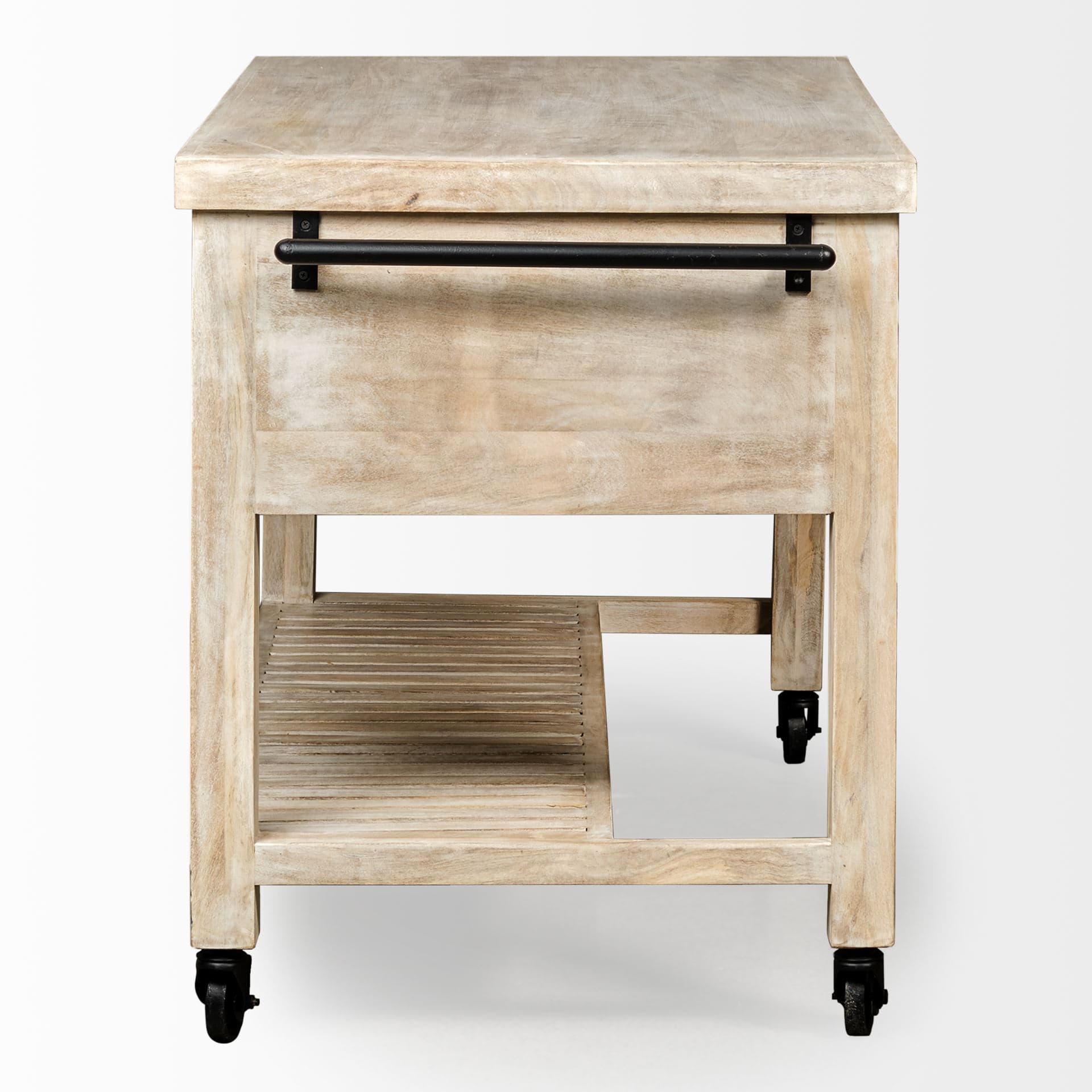 Columbia 62L x 28W x 36H I Light Brown Body w/ Black Iron Knobs Rolling Kitchen Island — product photograph