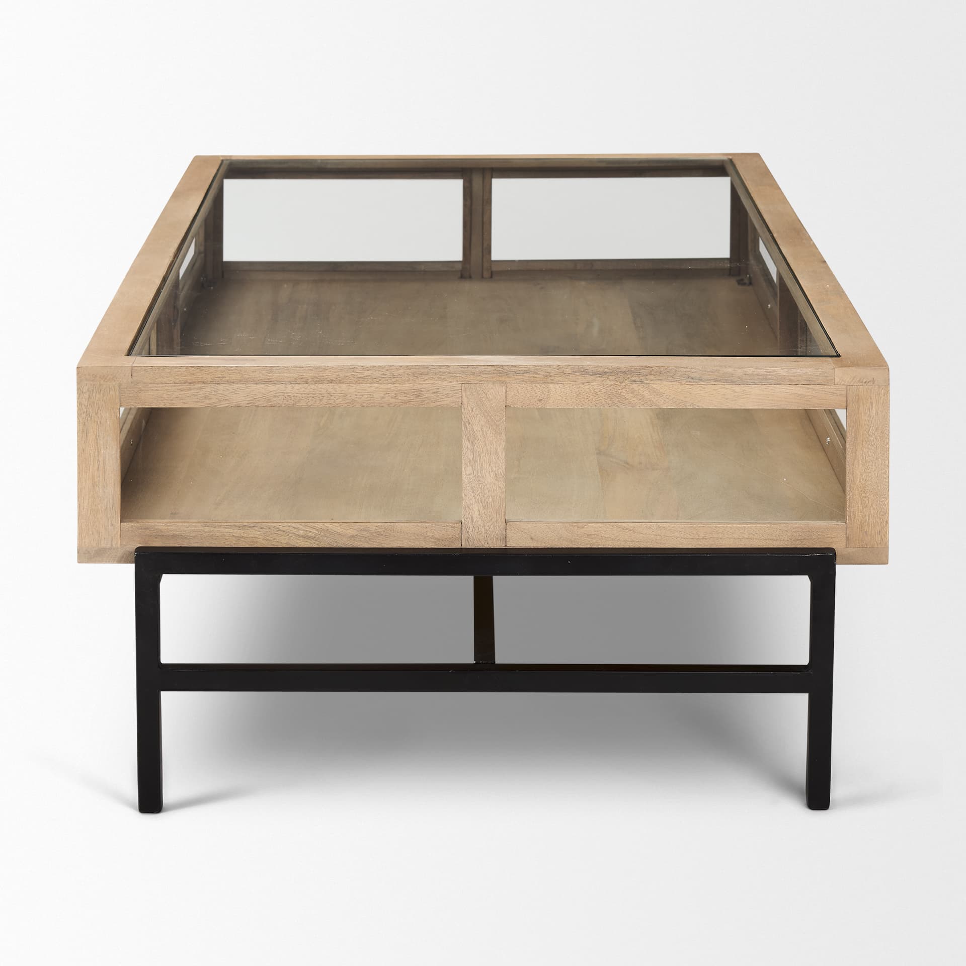 Arelius 49.5"L Rectangular Light Brown Wood w/ Black Metal Base Display Coffee Table — product photograph