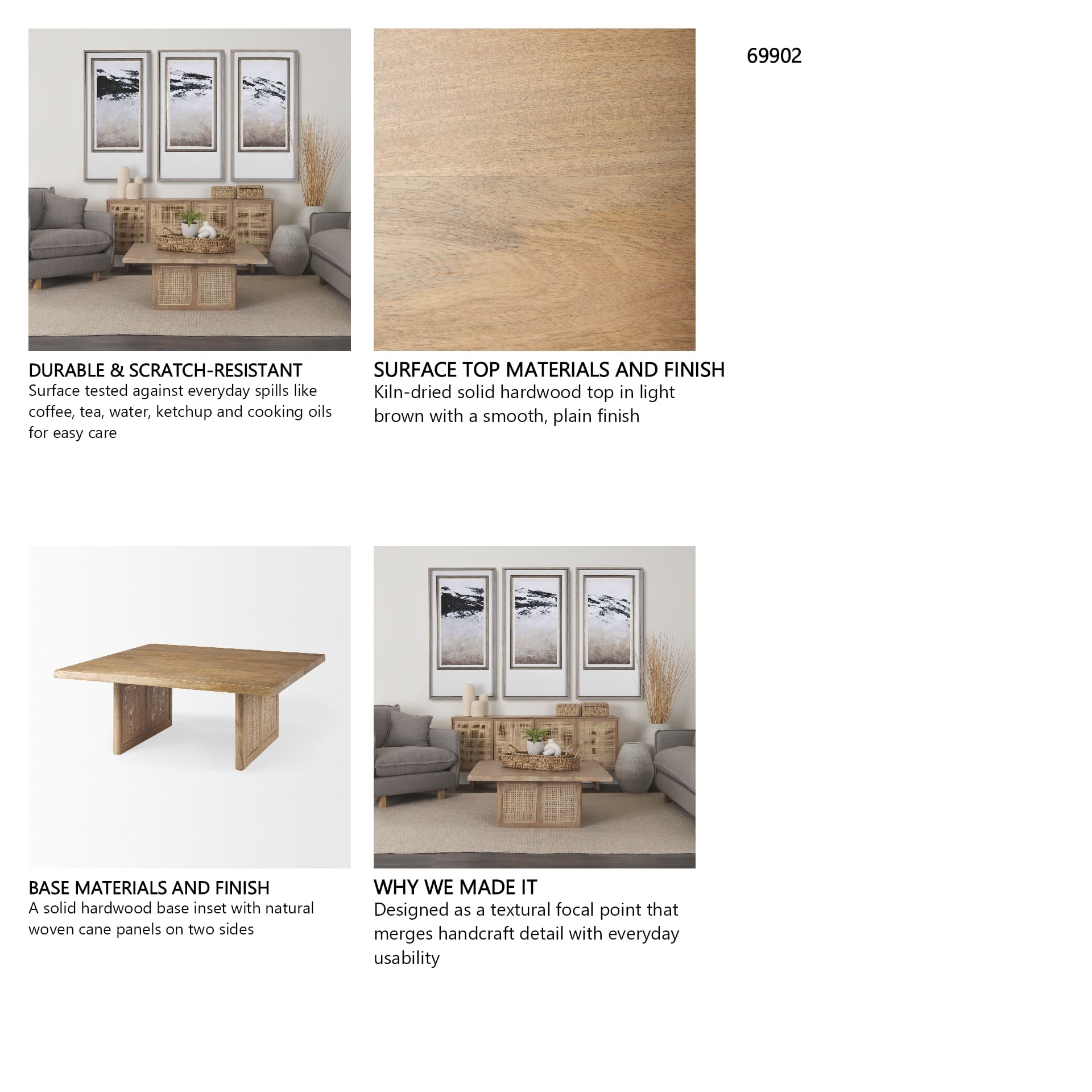 Grier 42" Square Light Brown Wood w/ Cane Coffee Table — in a styled room