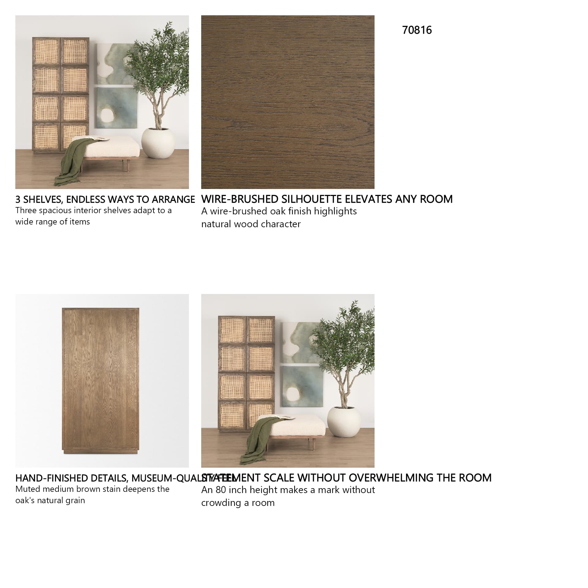 Sina Brown Oak Wood w/ Natural Rattan 2 Door Curio Cabinet — in a styled room