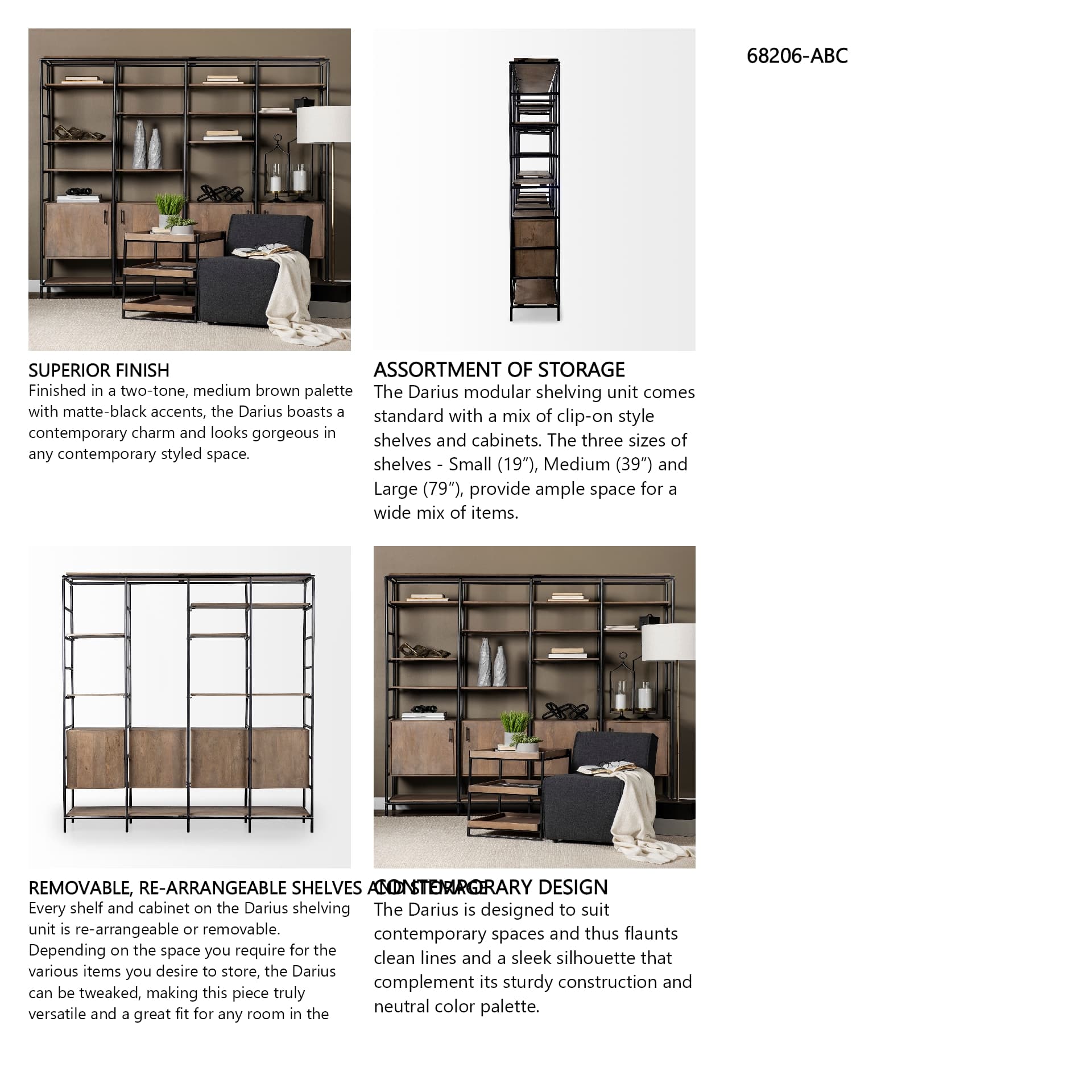 Darius 82L x 16.5W x 90H Medium Brown Wood and Metal Multi-Shelf Shelving Unit — in a styled room