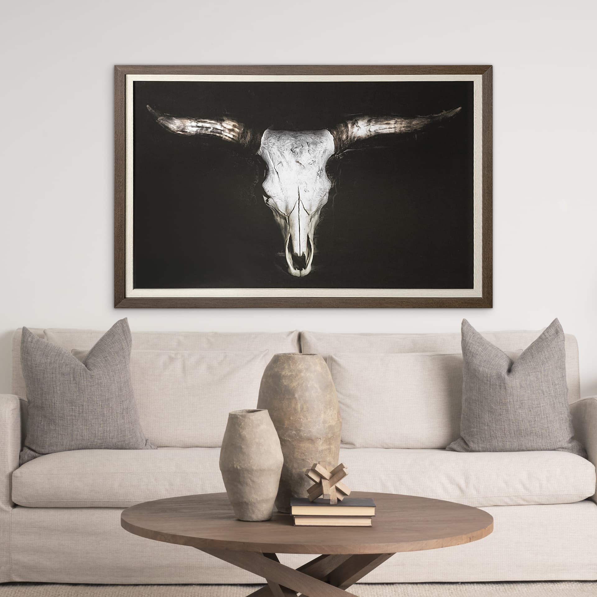 Cow Skull by PH Burchett a Hand Embellished Textured Framed Art Print Matted under Glass — in a styled room