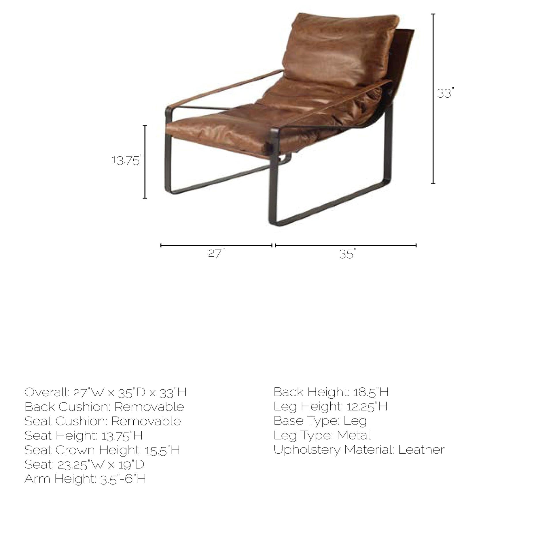 Hornet I 27.0L x 35.0W x 36.0H Brown Leather Unibody Seat w/ Black Metal Frame Accent Chair — product photograph