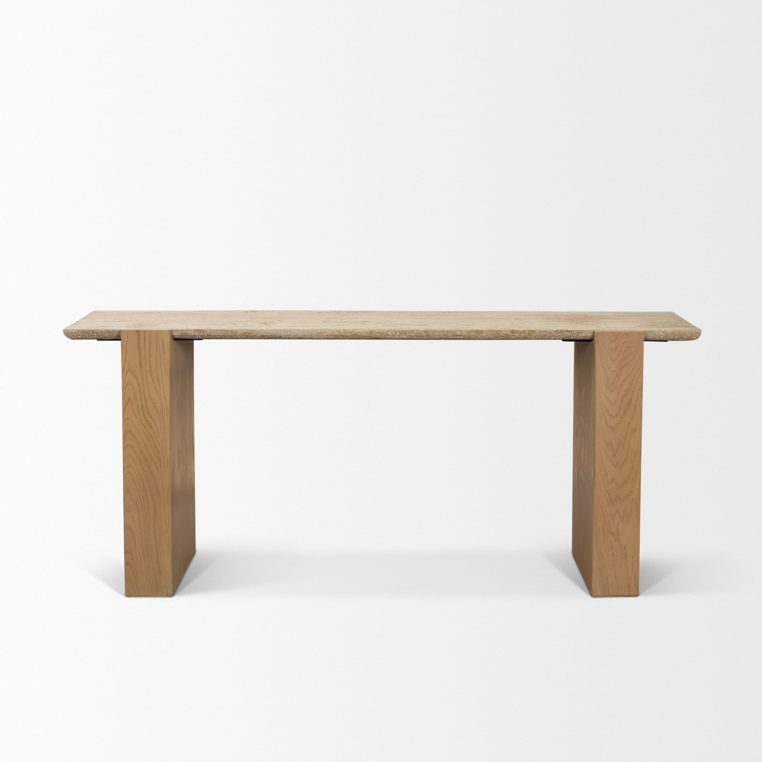 Milos Travertine Top w/ Light Brown Oak Wood Console Table — product photograph